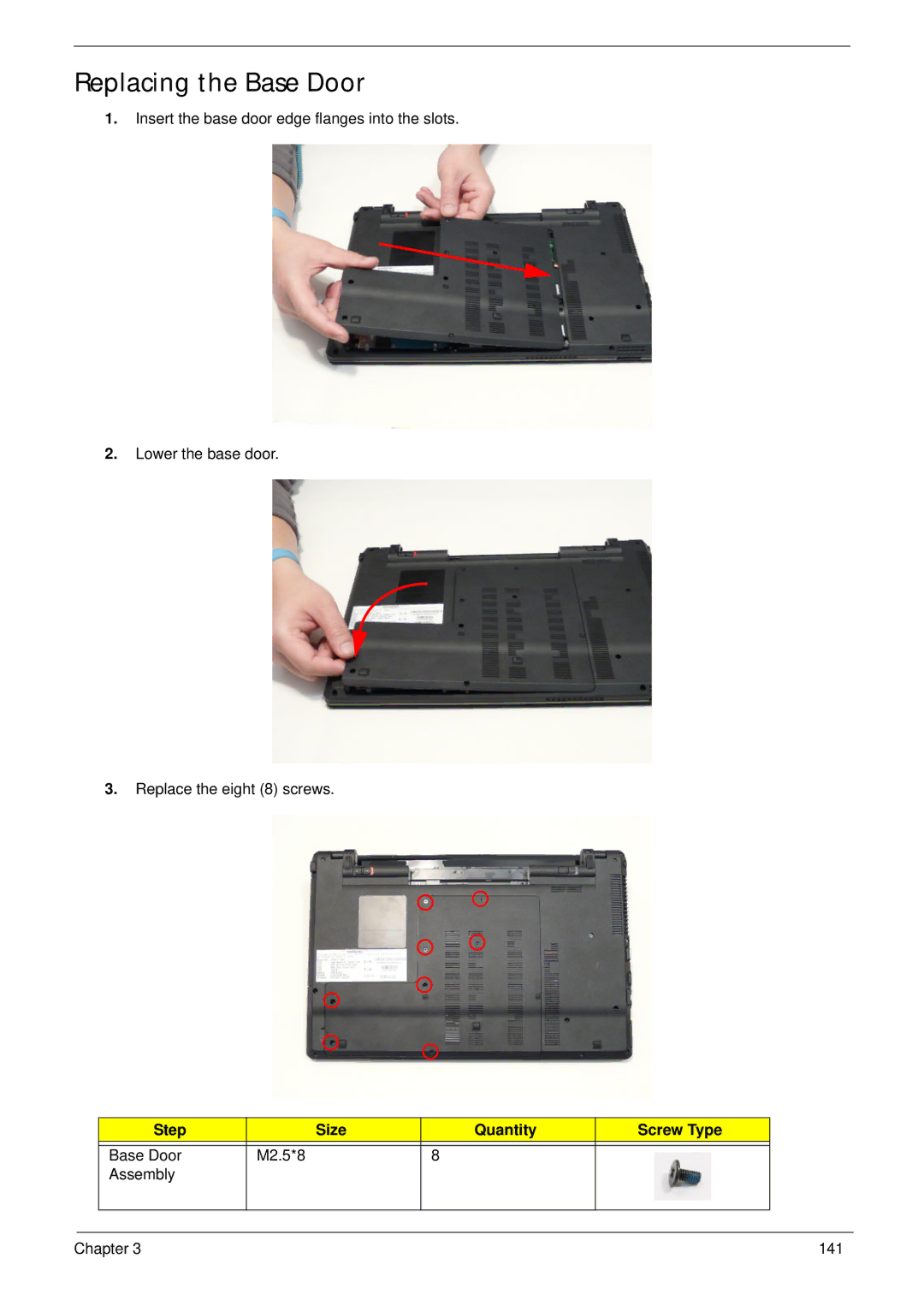 Aspire Digital 5820T manual Replacing the Base Door, Step Size Quantity Screw Type 