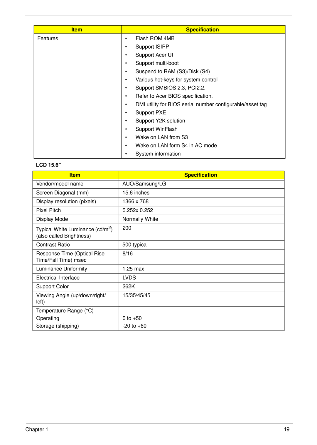 Aspire Digital 5820T manual LCD Specification, Lvds 