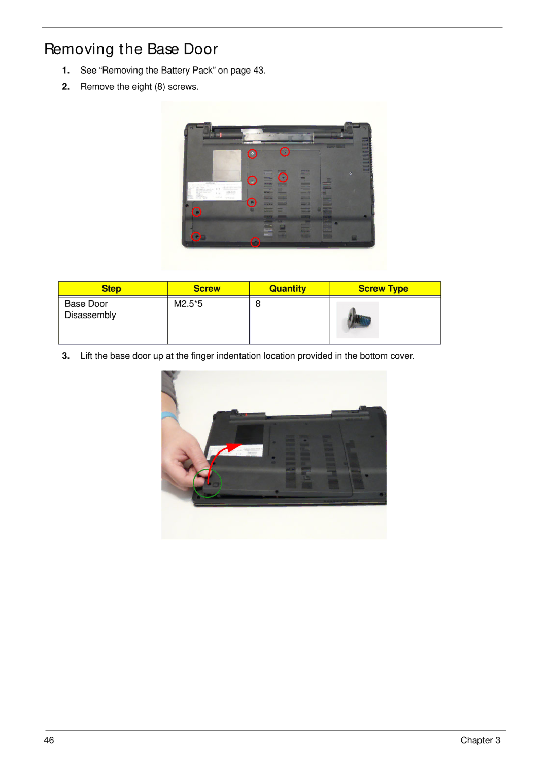 Aspire Digital 5820T manual Removing the Base Door, Step Screw Quantity Screw Type 