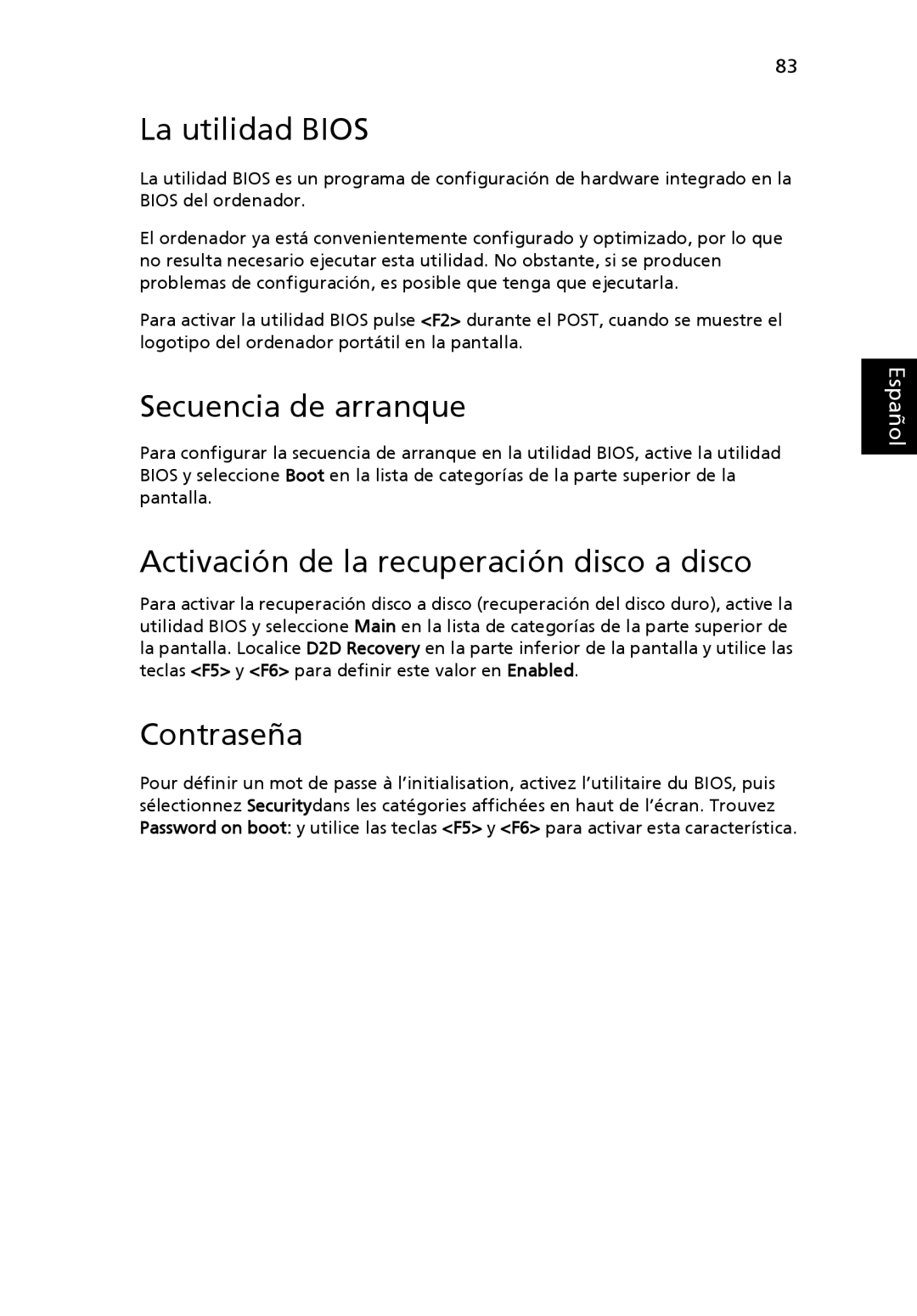 Aspire Digital 5920 manual La utilidad Bios, Secuencia de arranque, Activación de la recuperación disco a disco, Contraseña 