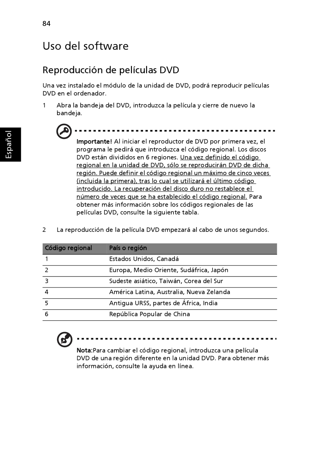 Aspire Digital 5920G manual Uso del software, Reproducción de películas DVD, Código regional País o región 