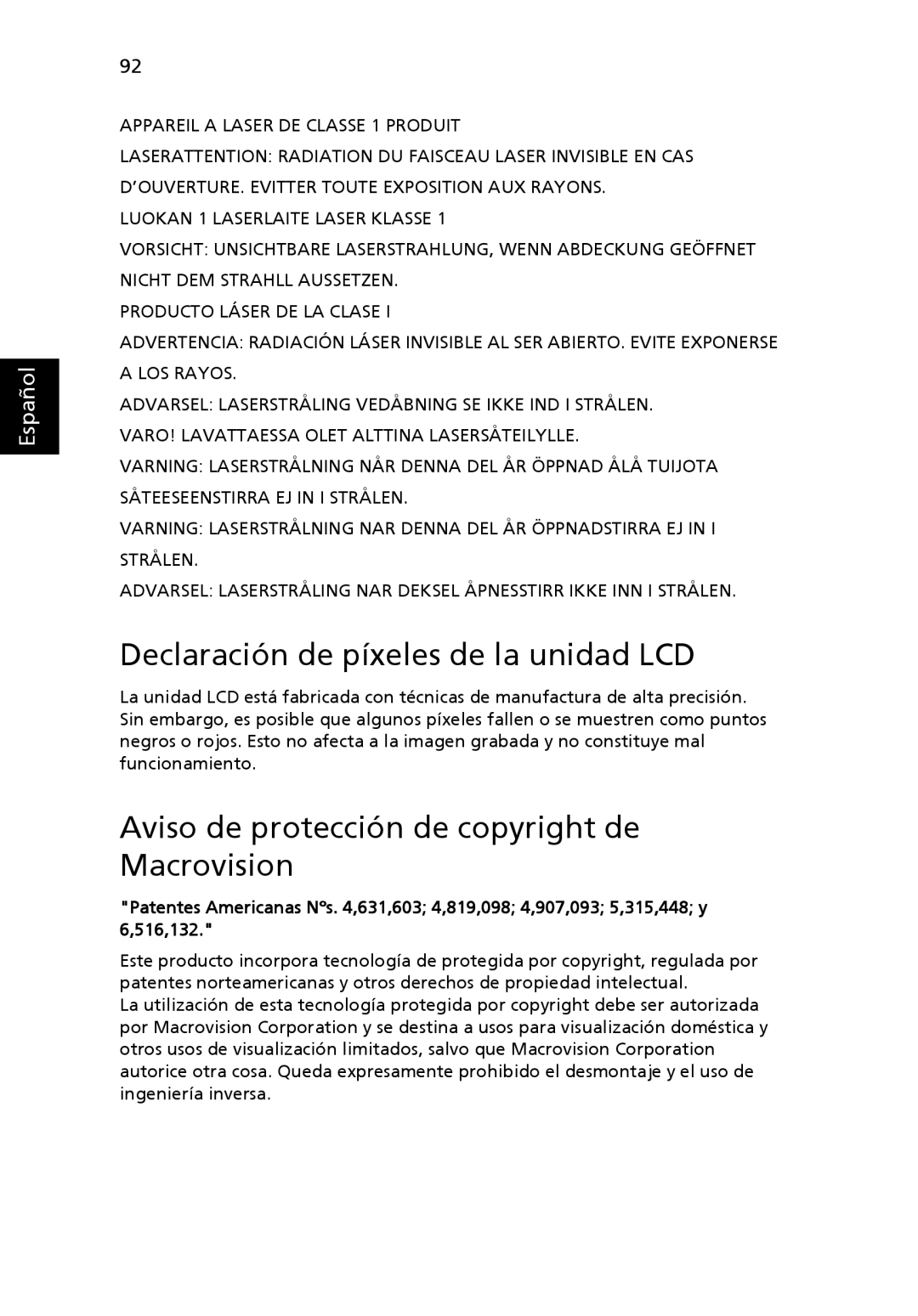 Aspire Digital 5920G manual Declaración de píxeles de la unidad LCD, Aviso de protección de copyright de Macrovision 