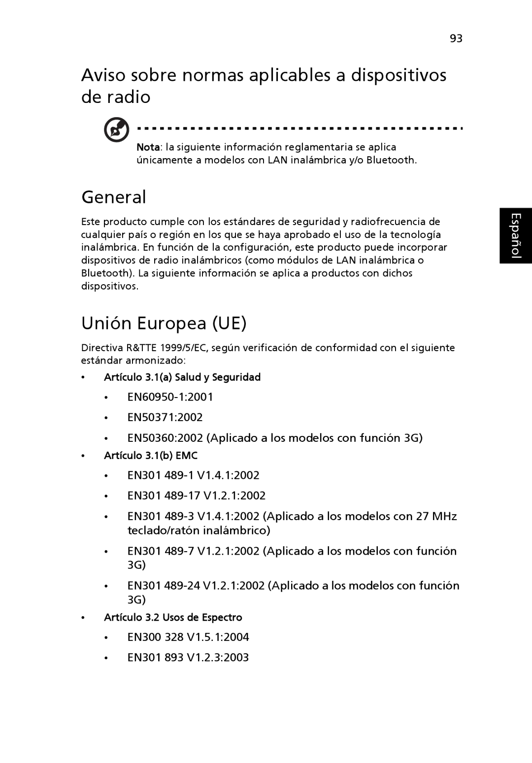 Aspire Digital 5920G manual Aviso sobre normas aplicables a dispositivos de radio, General, Unión Europea UE 