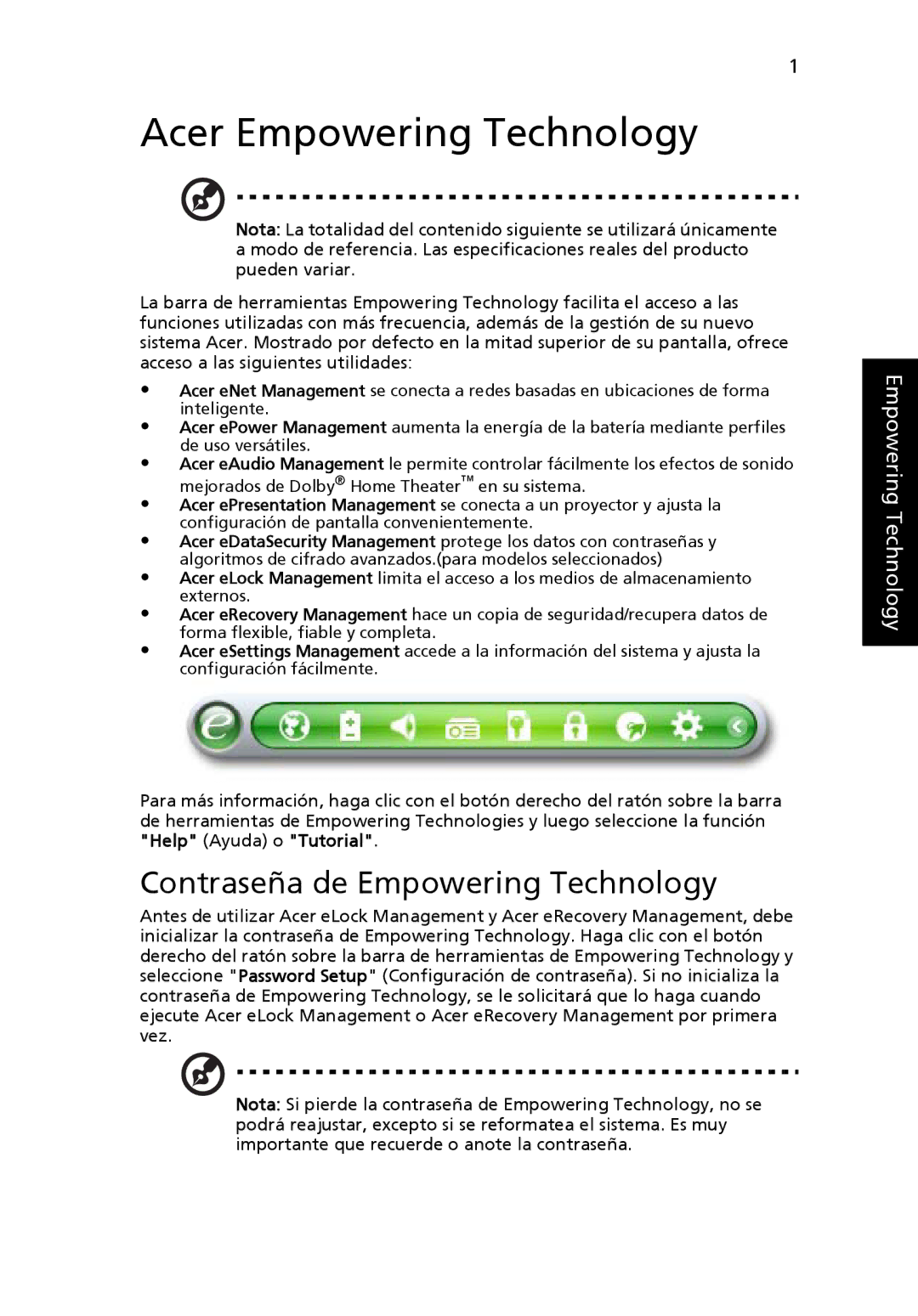 Aspire Digital 5920G manual Acer Empowering Technology, Contraseña de Empowering Technology 