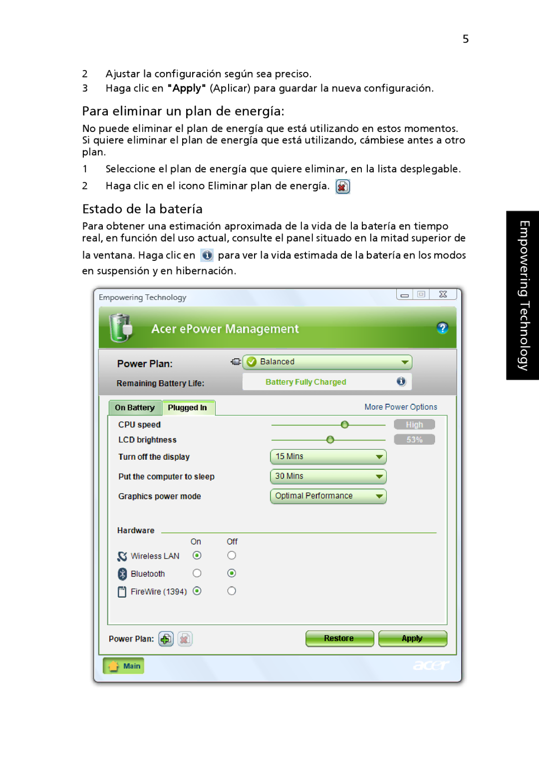 Aspire Digital 5920G manual Para eliminar un plan de energía, Estado de la batería 