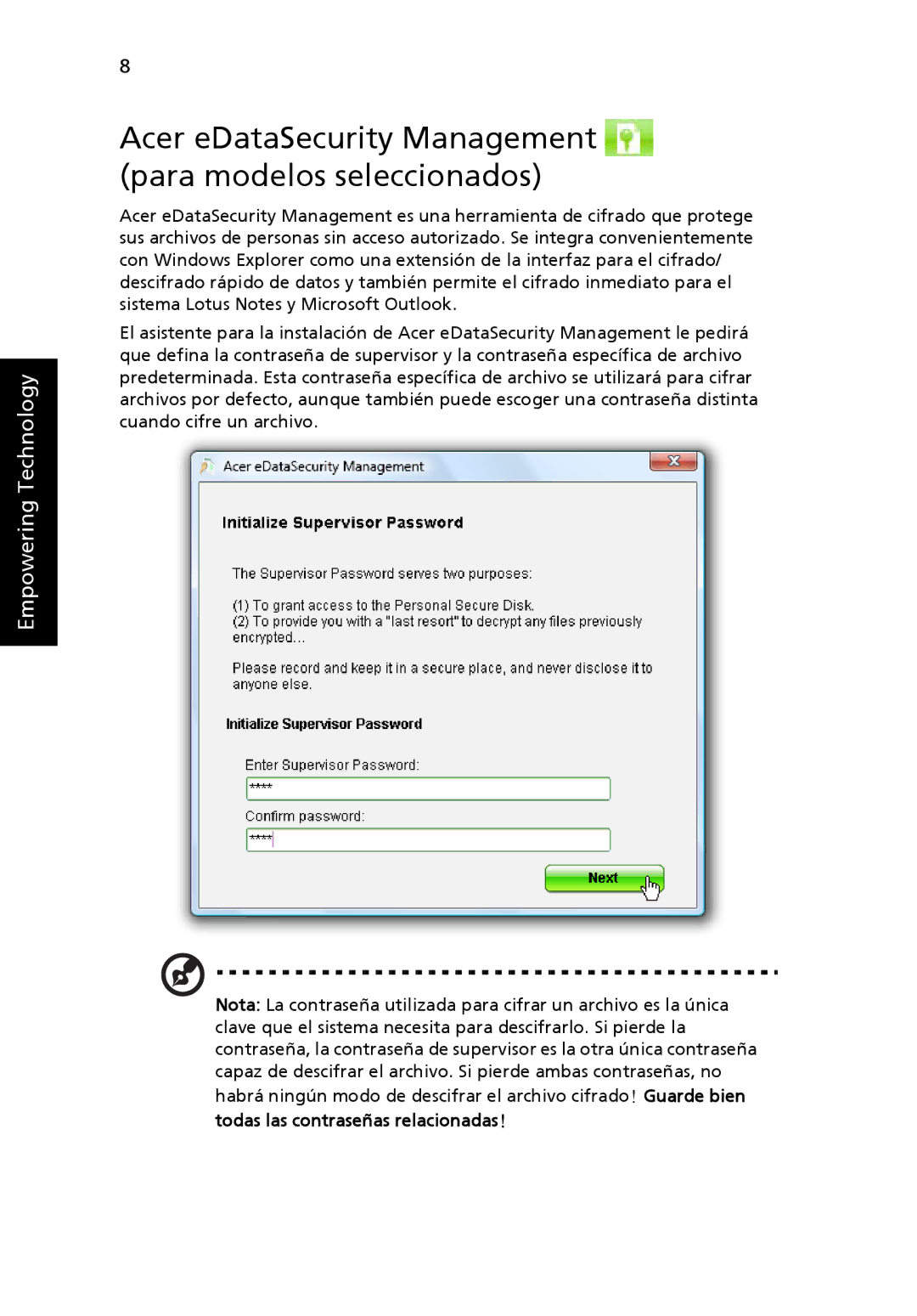 Aspire Digital 5920G manual Acer eDataSecurity Management para modelos seleccionados, Todas las contraseñas relacionadas 