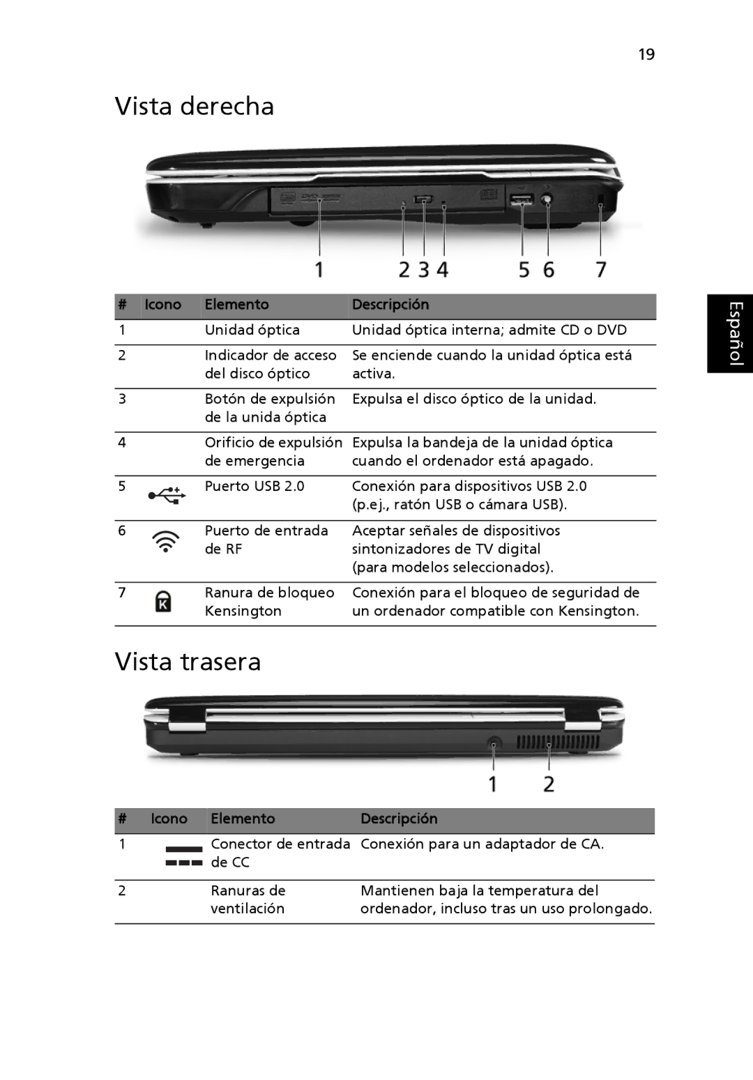 Aspire Digital 5920G manual Vista derecha, Vista trasera 