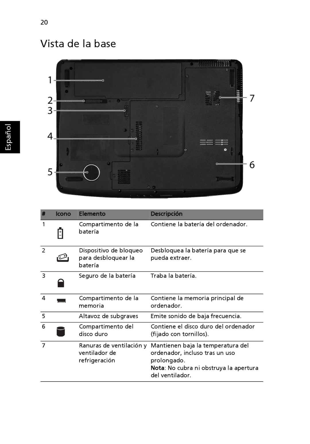 Aspire Digital 5920G manual Vista de la base 