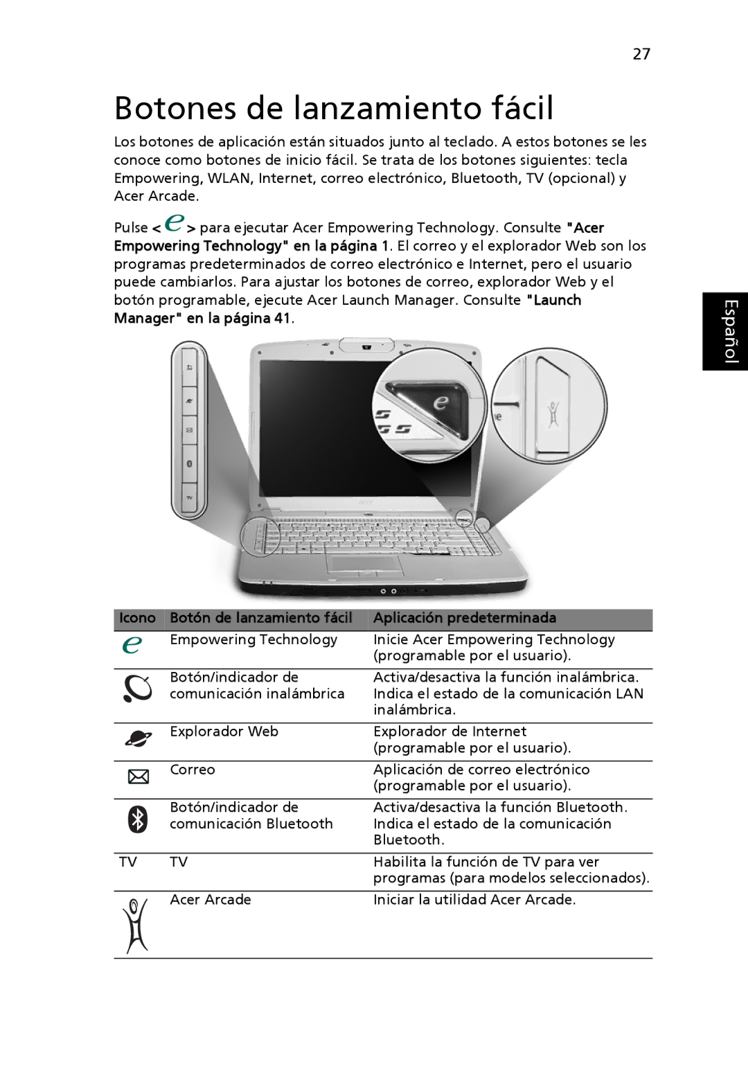 Aspire Digital 5920G manual Botones de lanzamiento fácil, Icono Botón de lanzamiento fácil Aplicación predeterminada 