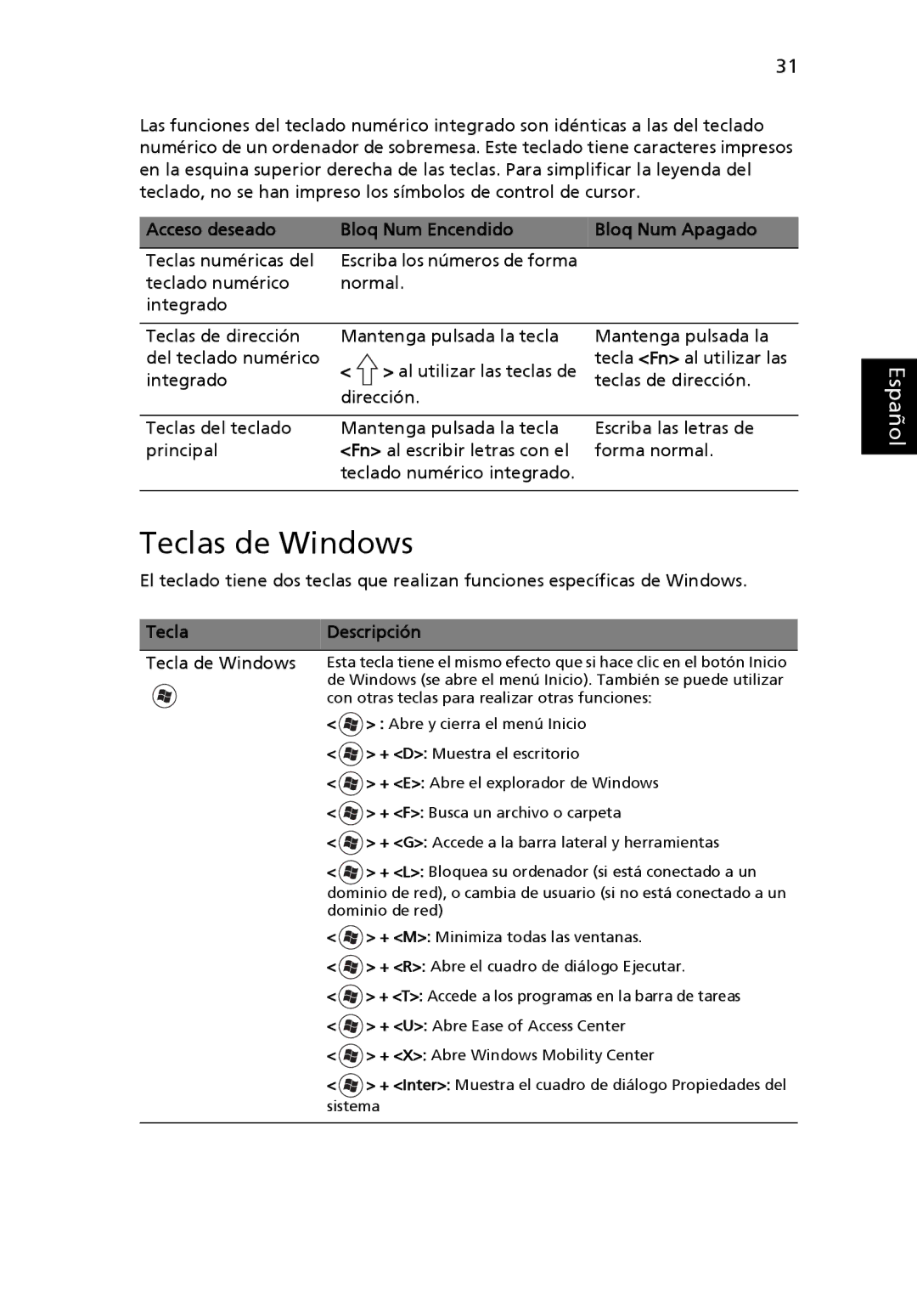 Aspire Digital 5920G manual Teclas de Windows, Acceso deseado Bloq Num Encendido Bloq Num Apagado, TeclaDescripción 