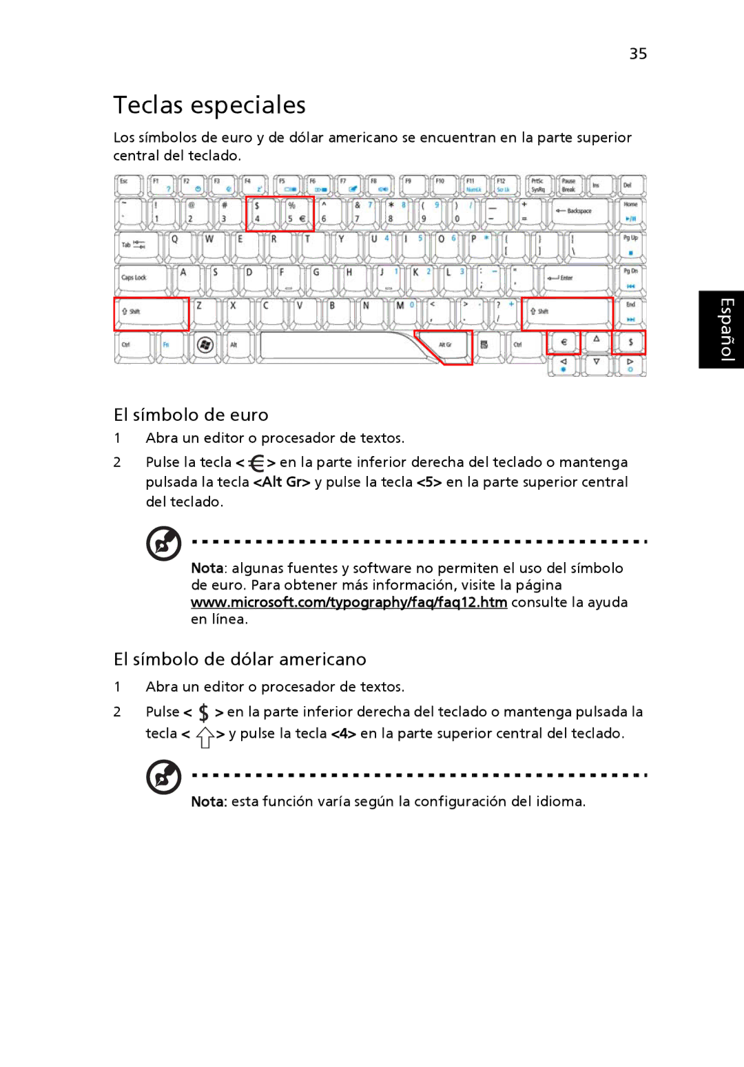 Aspire Digital 5920G manual Teclas especiales, El símbolo de euro, El símbolo de dólar americano 