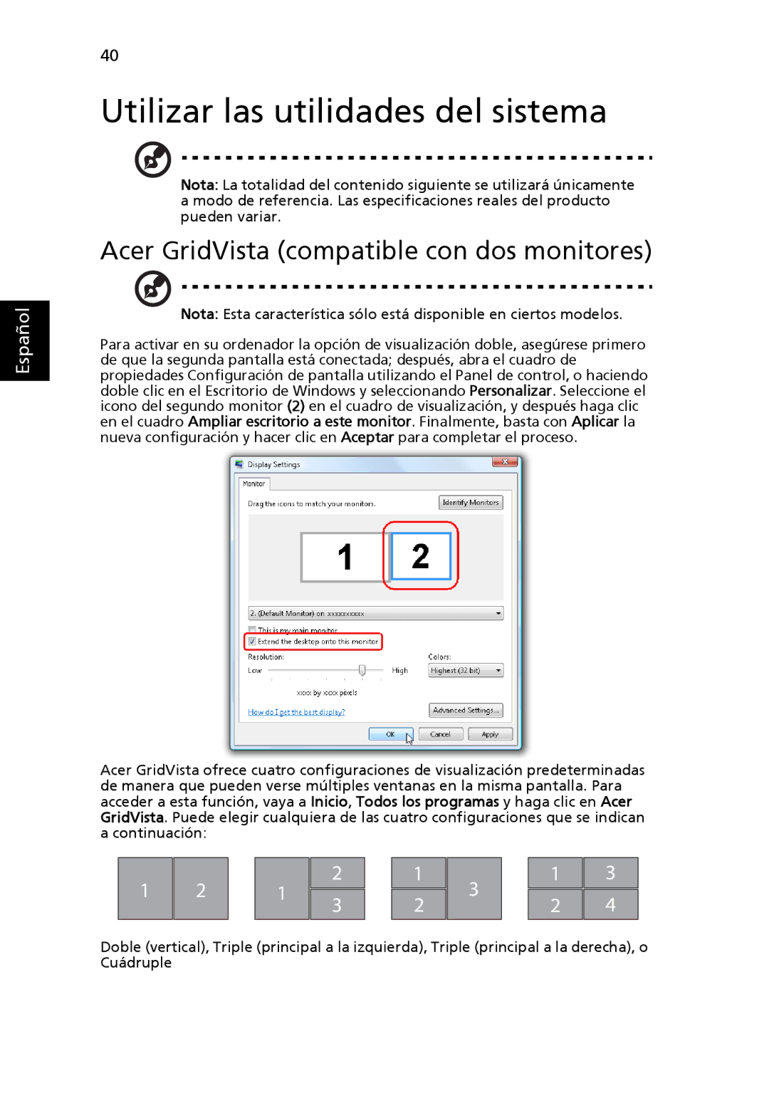 Aspire Digital 5920G manual Utilizar las utilidades del sistema, Acer GridVista compatible con dos monitores 