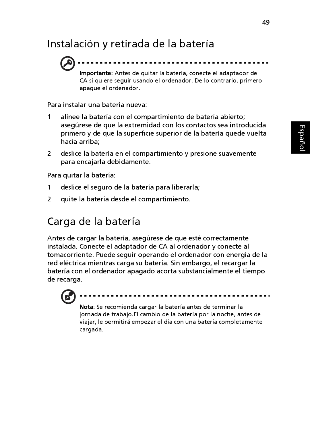 Aspire Digital 5920G manual Instalación y retirada de la batería, Carga de la batería 