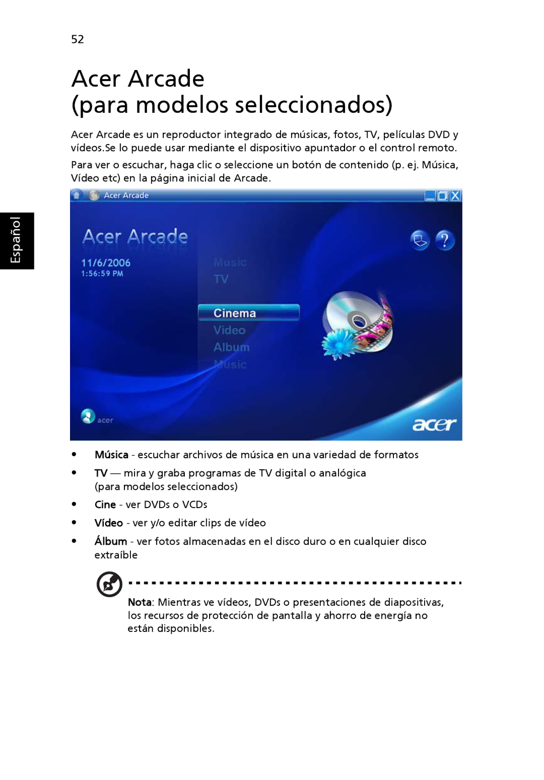 Aspire Digital 5920G manual Acer Arcade Para modelos seleccionados 