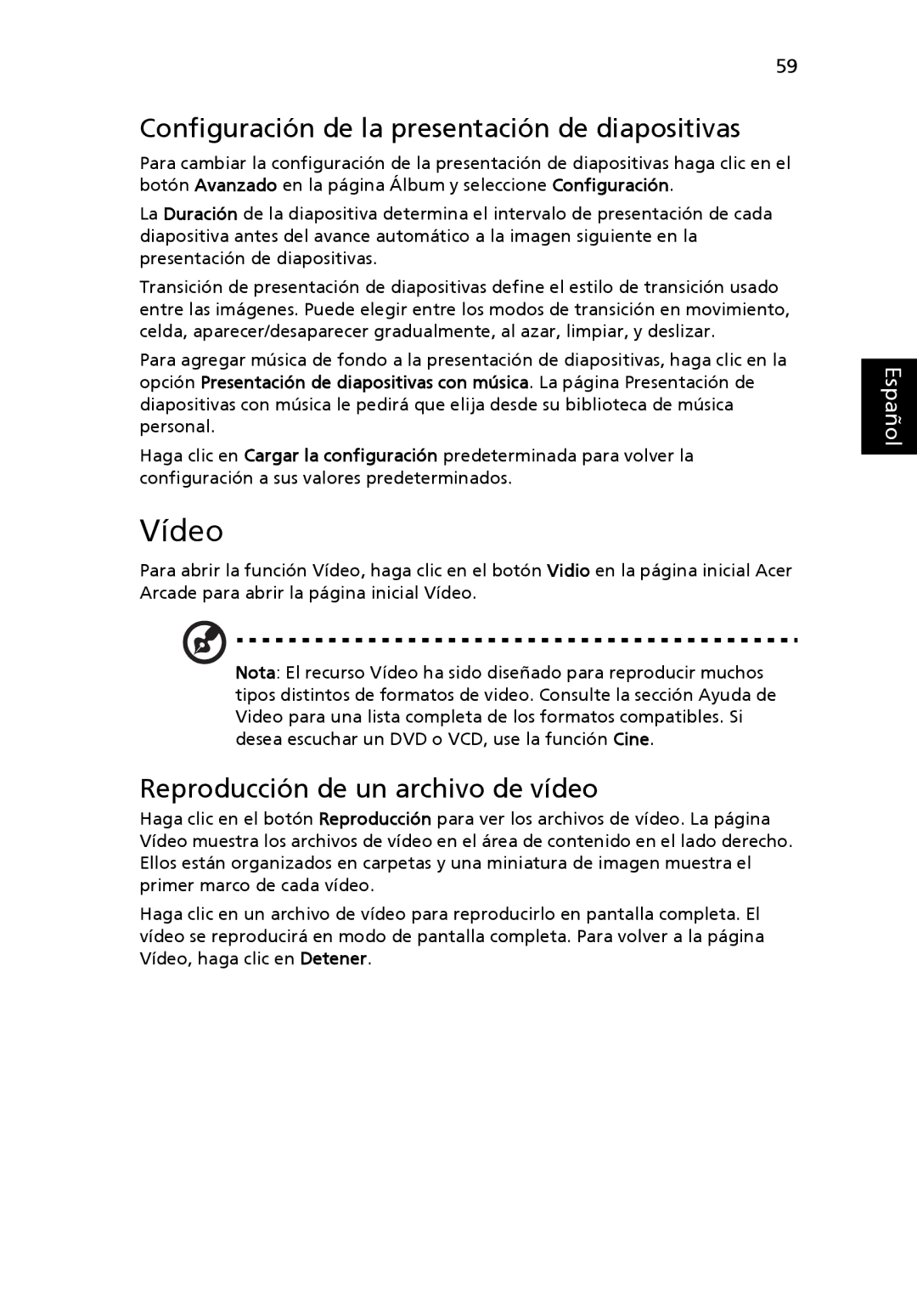 Aspire Digital 5920G manual Vídeo, Configuración de la presentación de diapositivas, Reproducción de un archivo de vídeo 