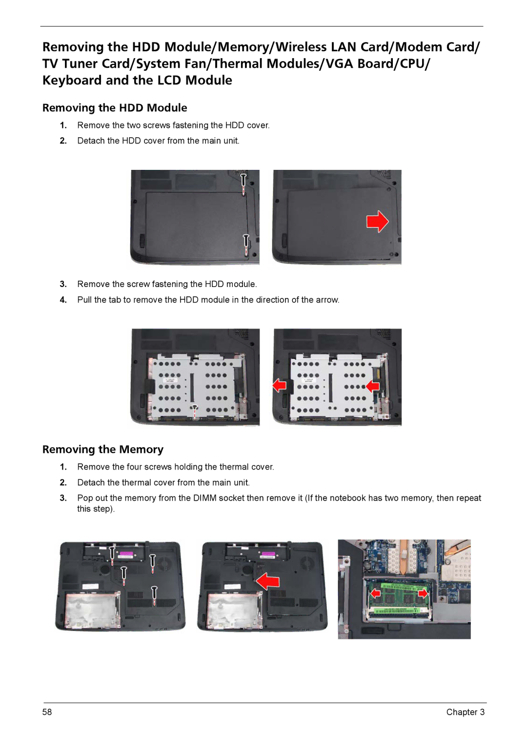 Aspire Digital 7520G, 7220G manual Removing the HDD Module, Removing the Memory 