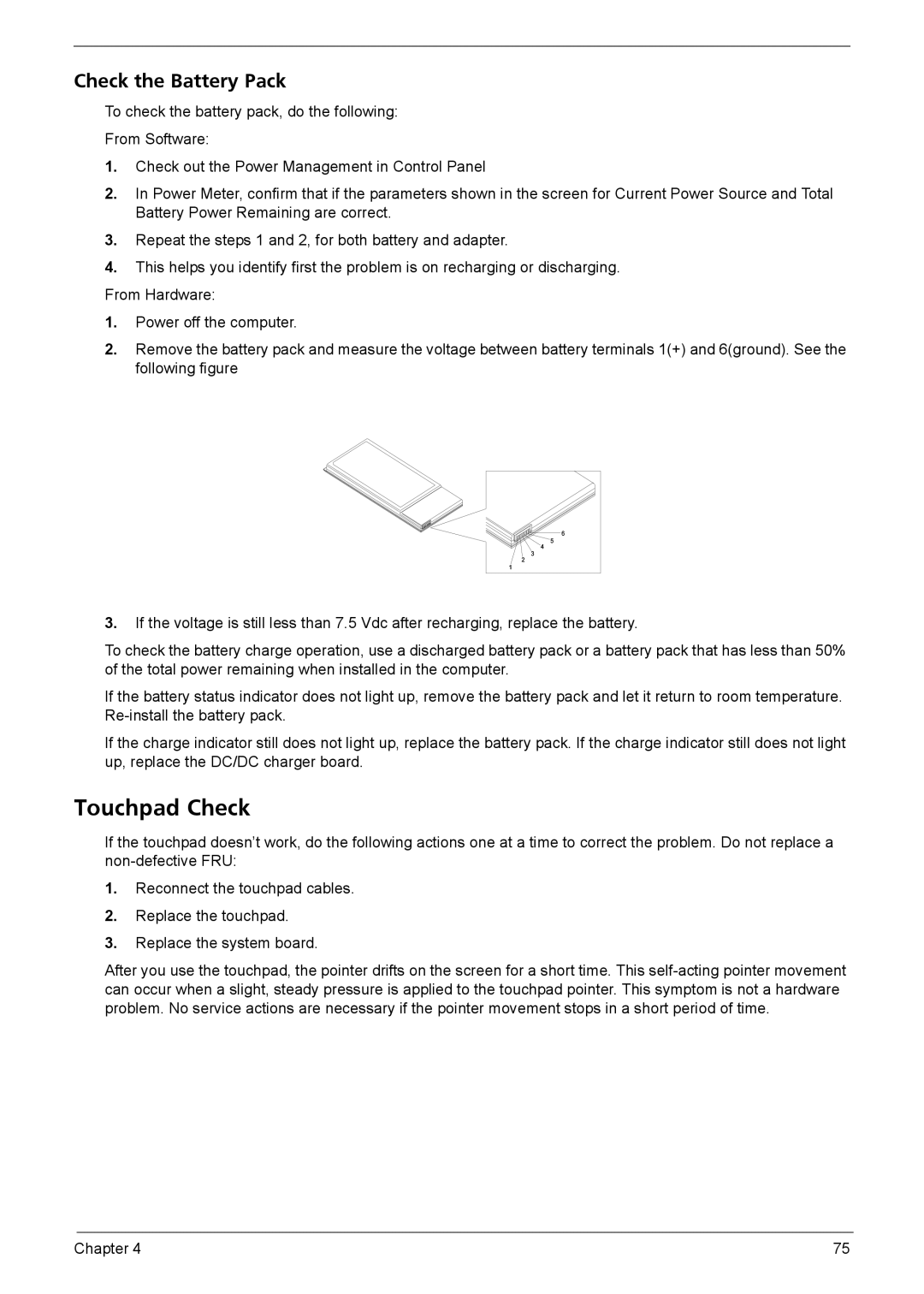 Aspire Digital 7520G, 7220G manual Touchpad Check, Check the Battery Pack 