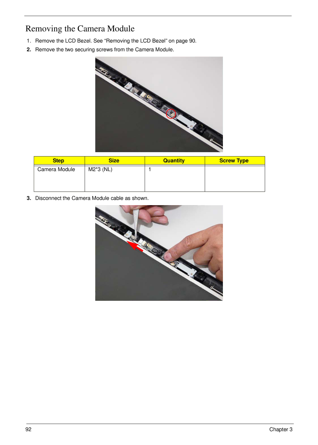 Aspire Digital 7730G manual Removing the Camera Module, Step Size Quantity Screw Type Camera Module M2*3 NL 