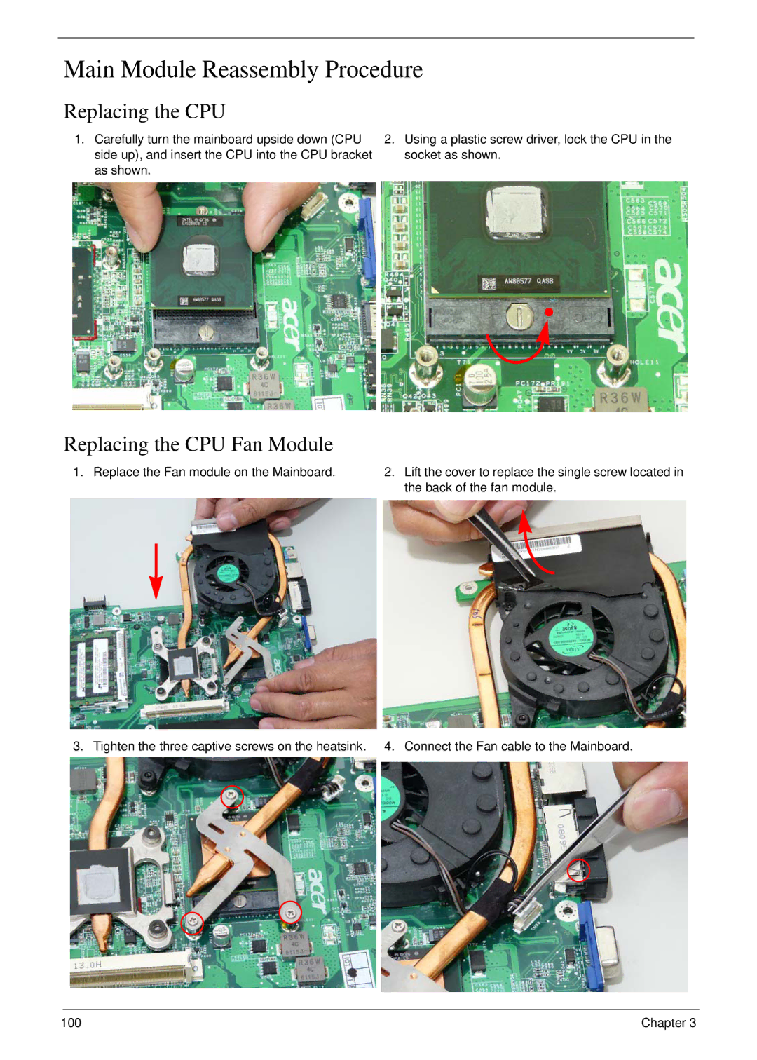 Aspire Digital 7730G manual Main Module Reassembly Procedure, Replacing the CPU Fan Module 