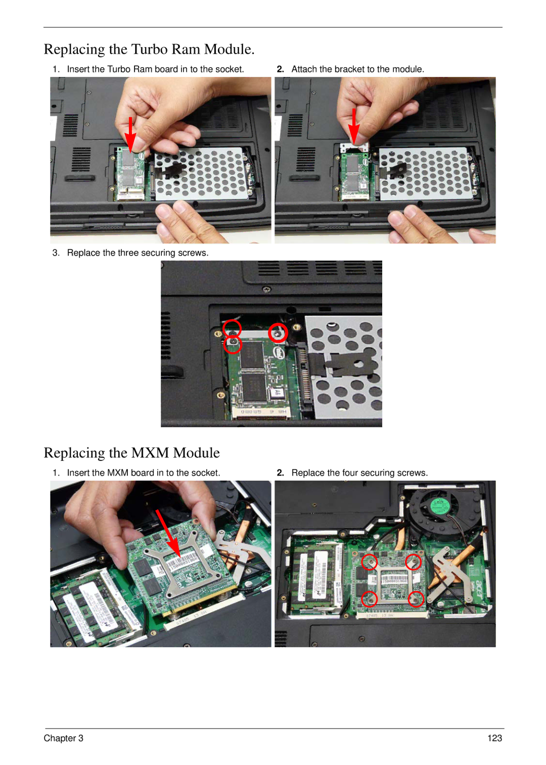 Aspire Digital 7730G manual Replacing the Turbo Ram Module, Replacing the MXM Module 