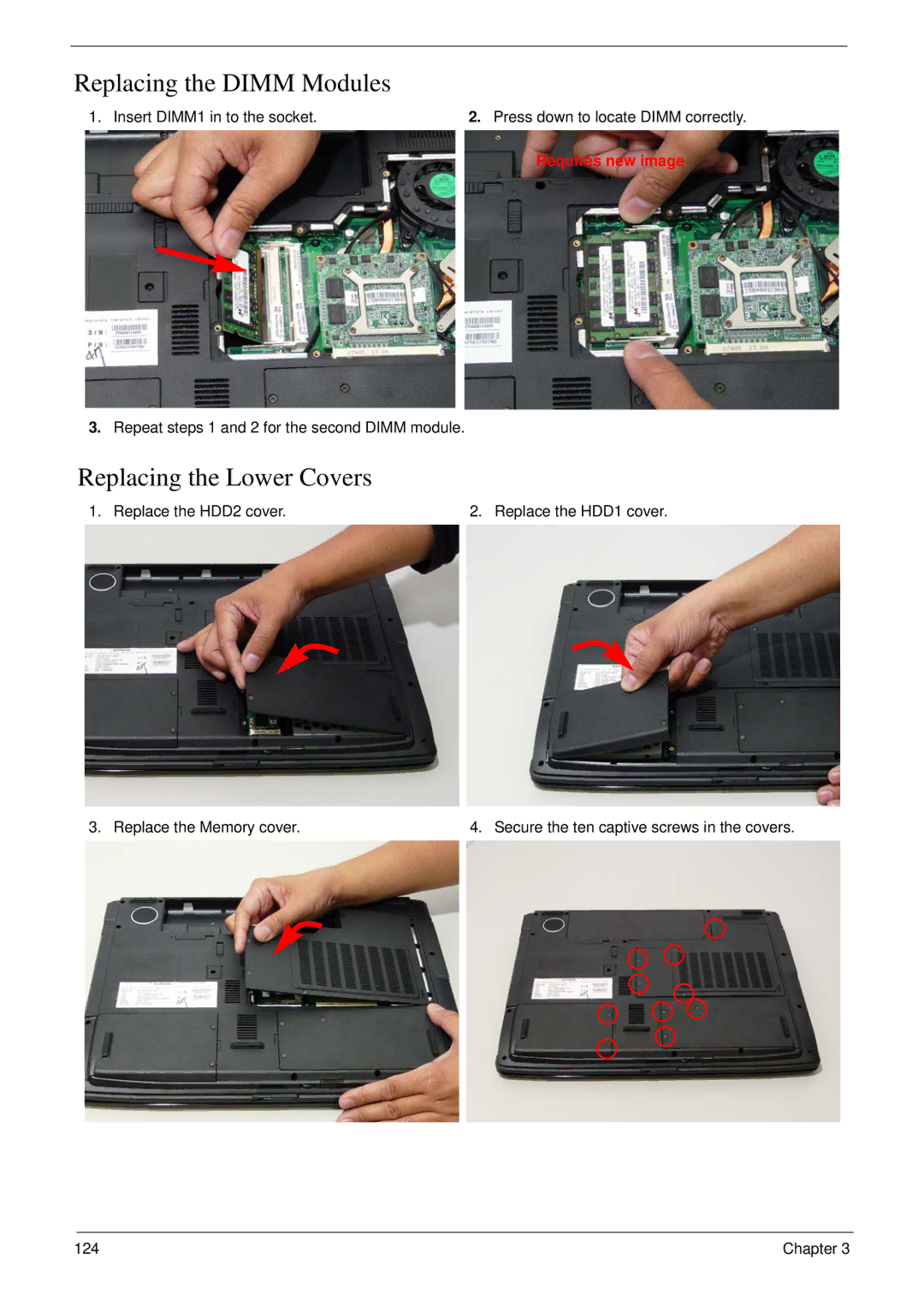 Aspire Digital 7730G manual Replacing the Dimm Modules, Replacing the Lower Covers 