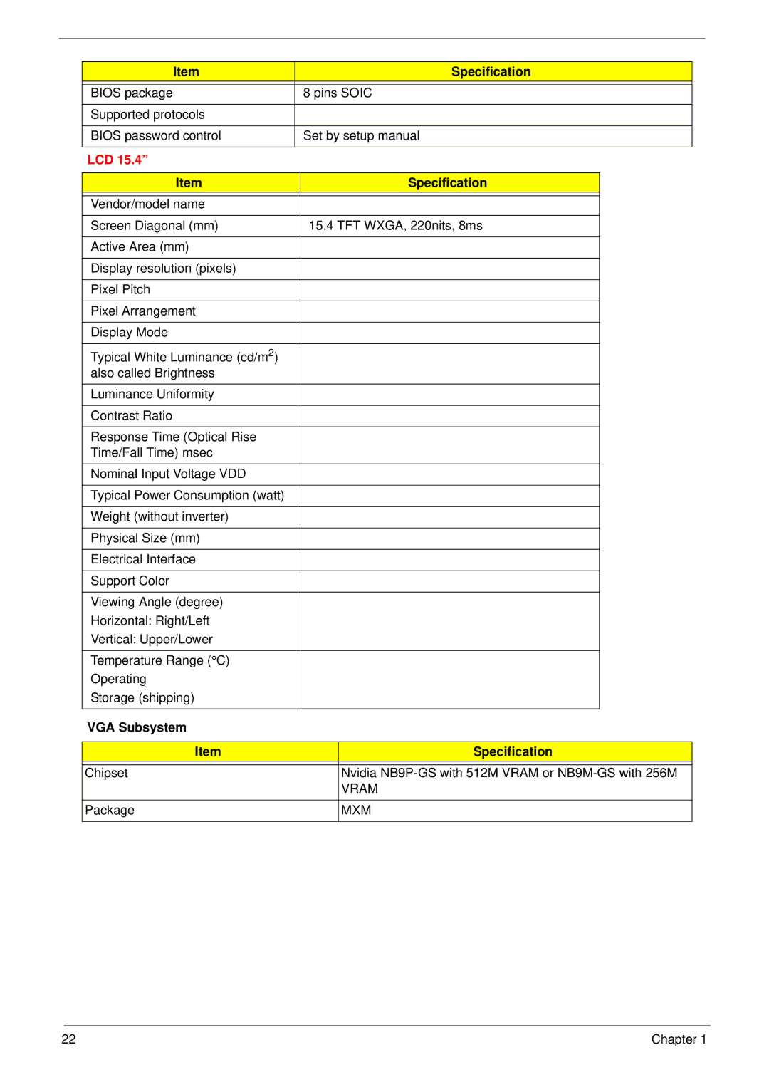 Aspire Digital 7730G manual Lcd, VGA Subsystem Specification 