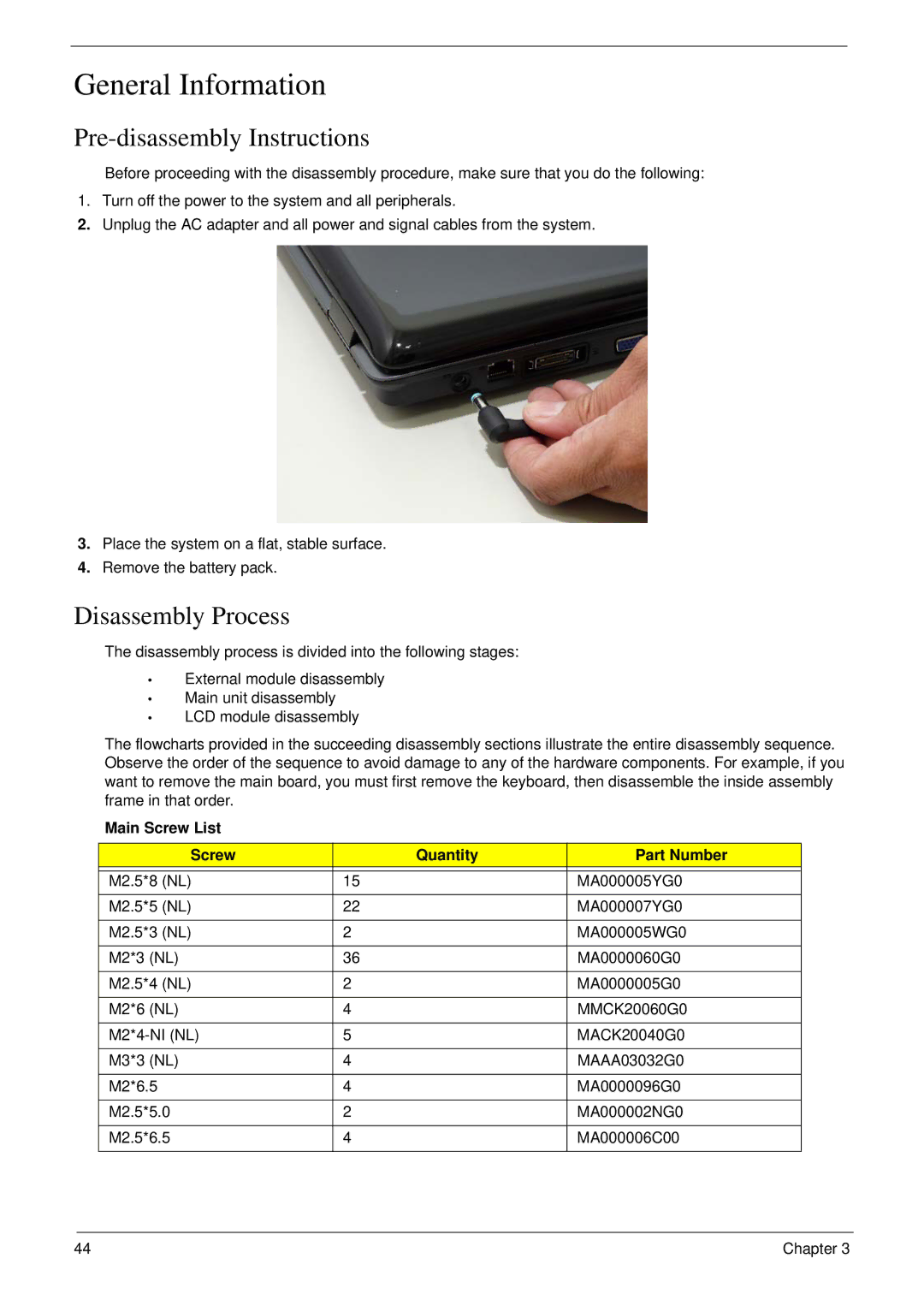 Aspire Digital 7730G manual General Information, Pre-disassembly Instructions, Disassembly Process 