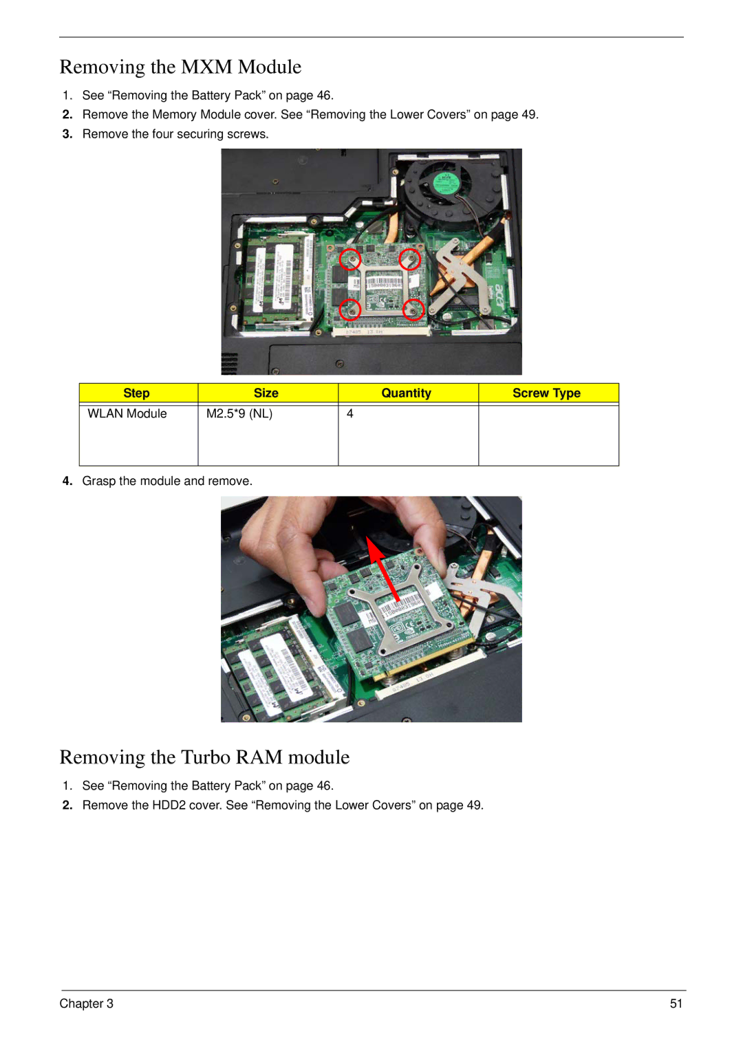 Aspire Digital 7730G manual Removing the MXM Module, Removing the Turbo RAM module 