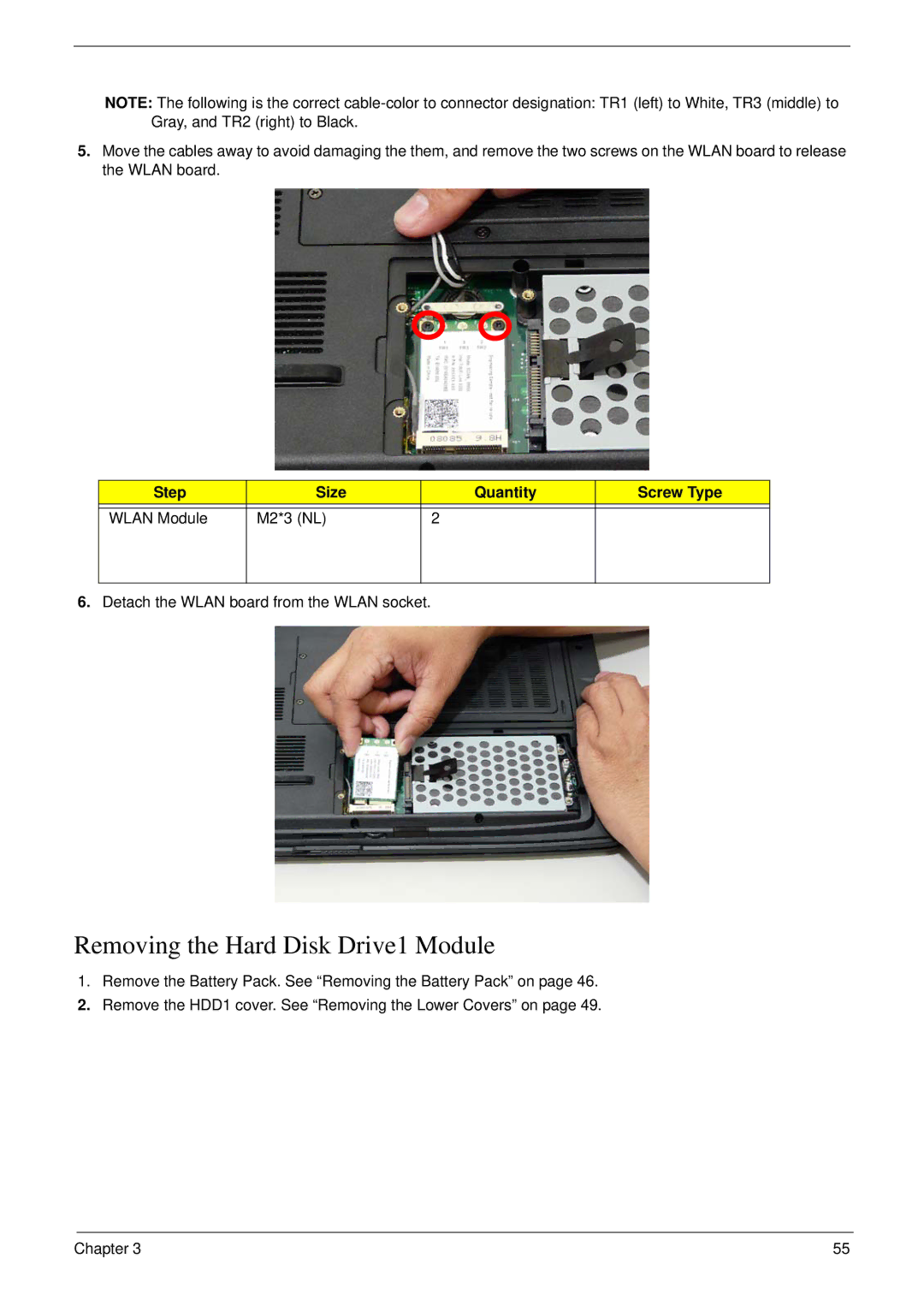 Aspire Digital 7730G manual Removing the Hard Disk Drive1 Module, Step Size Quantity Screw Type Wlan Module M2*3 NL 