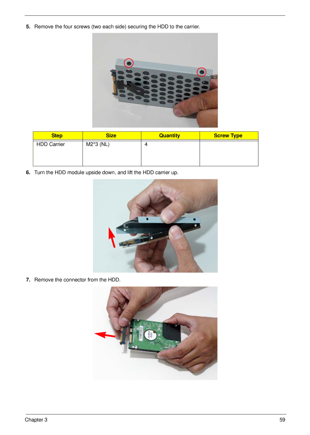 Aspire Digital 7730G manual Step Size Quantity Screw Type HDD Carrier M2*3 NL 