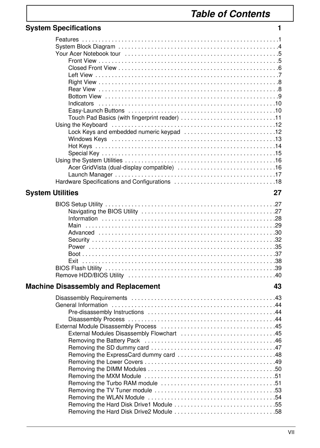 Aspire Digital 7730G manual Table of Contents 