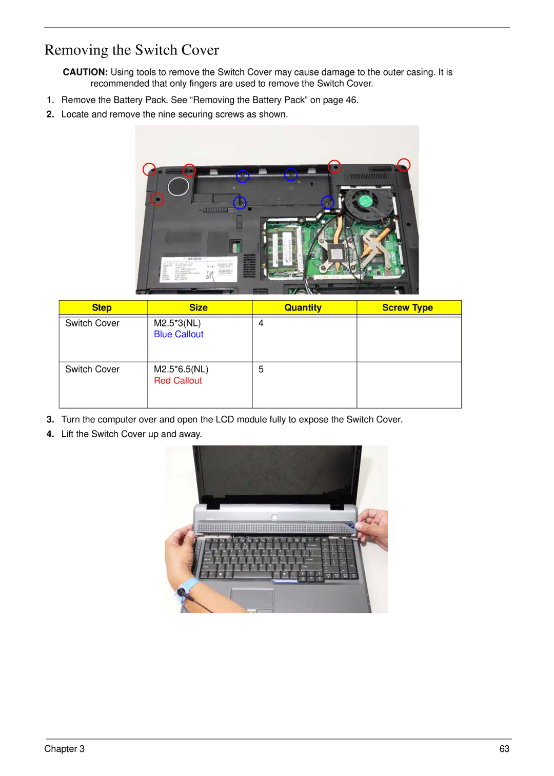 Aspire Digital 7730G manual Removing the Switch Cover, Step Size Quantity Screw Type 