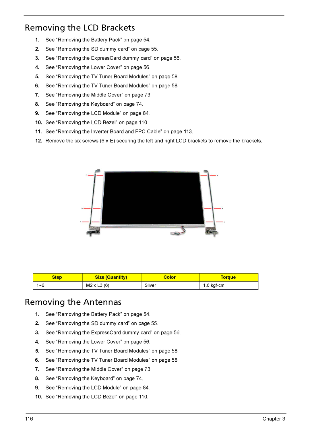 Aspire Digital 8735ZG, 8735G manual Removing the LCD Brackets, Removing the Antennas 