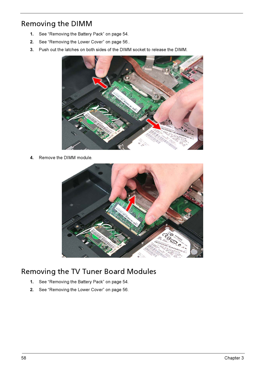 Aspire Digital 8735ZG, 8735G manual Removing the Dimm, Removing the TV Tuner Board Modules 