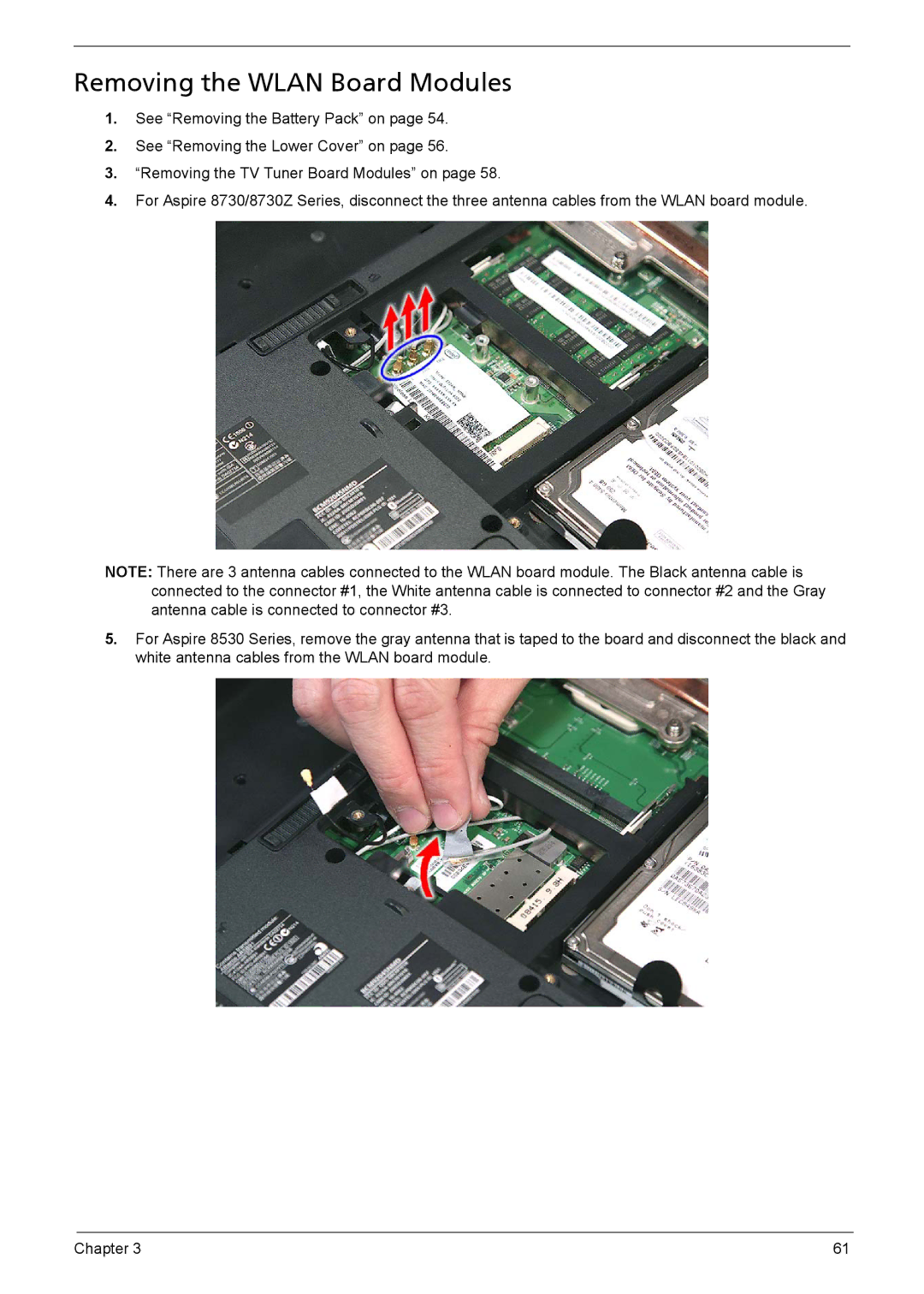 Aspire Digital 8735ZG, 8735G manual Removing the Wlan Board Modules 