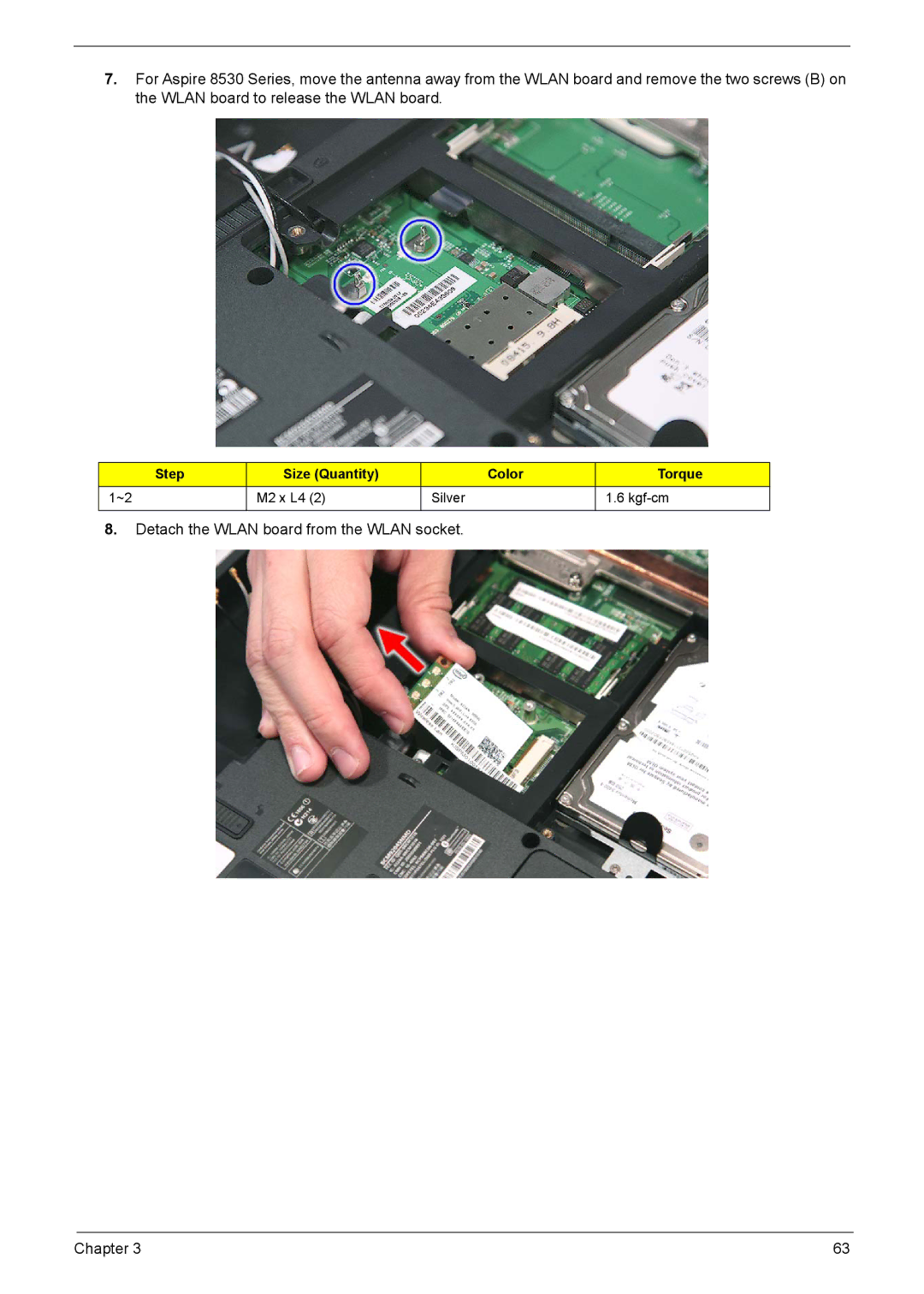 Aspire Digital 8735G, 8735ZG manual Detach the Wlan board from the Wlan socket Chapter 