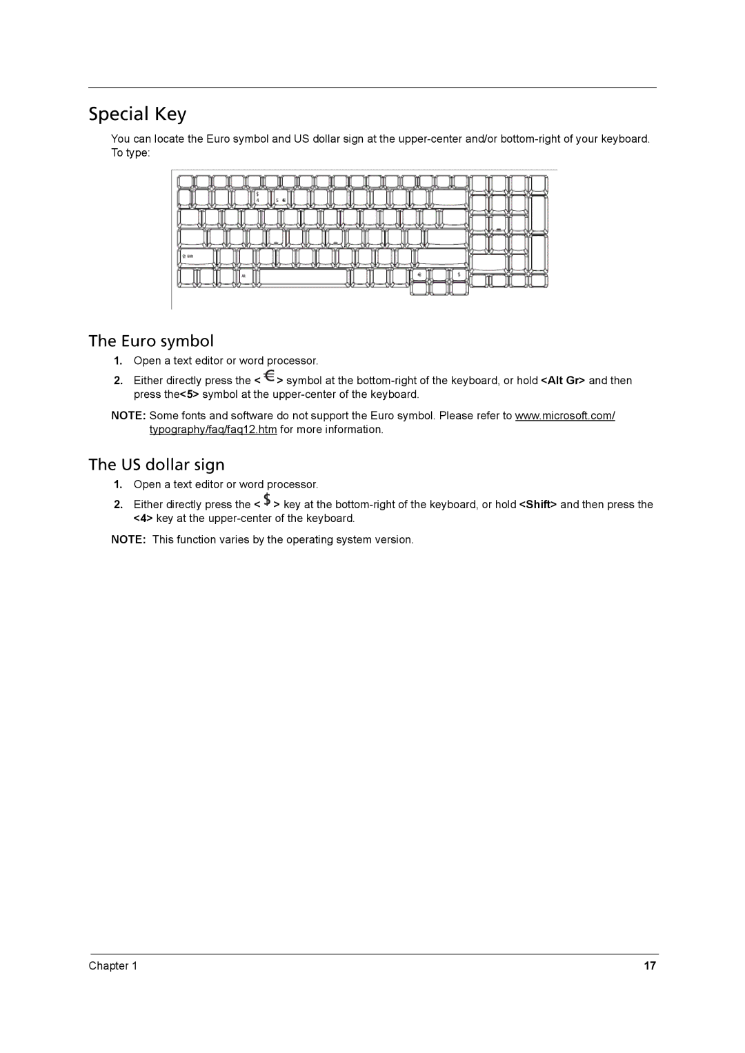 Aspire Digital 8930 manual Special Key, Euro symbol, US dollar sign 