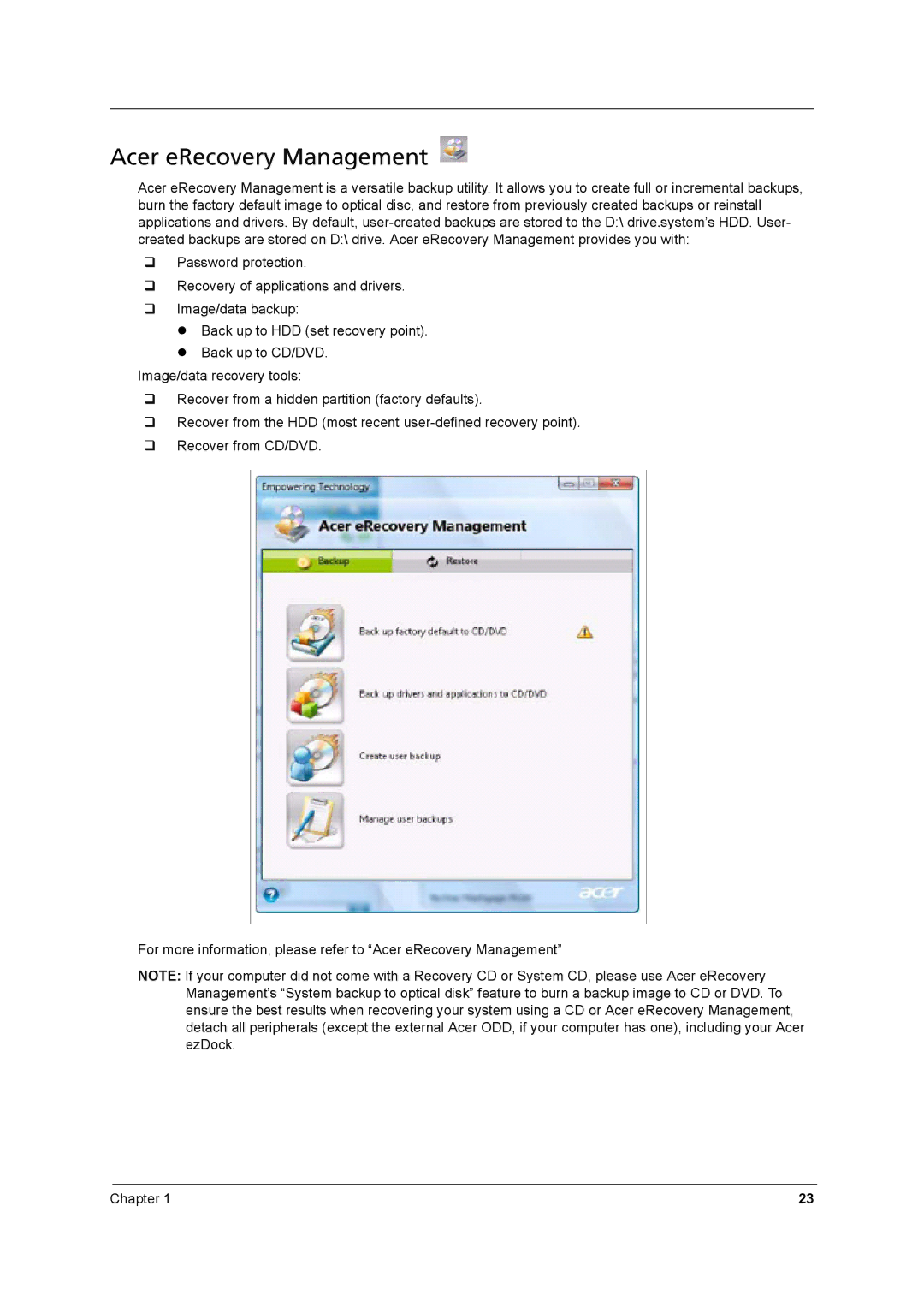 Aspire Digital 8930 manual Acer eRecovery Management 