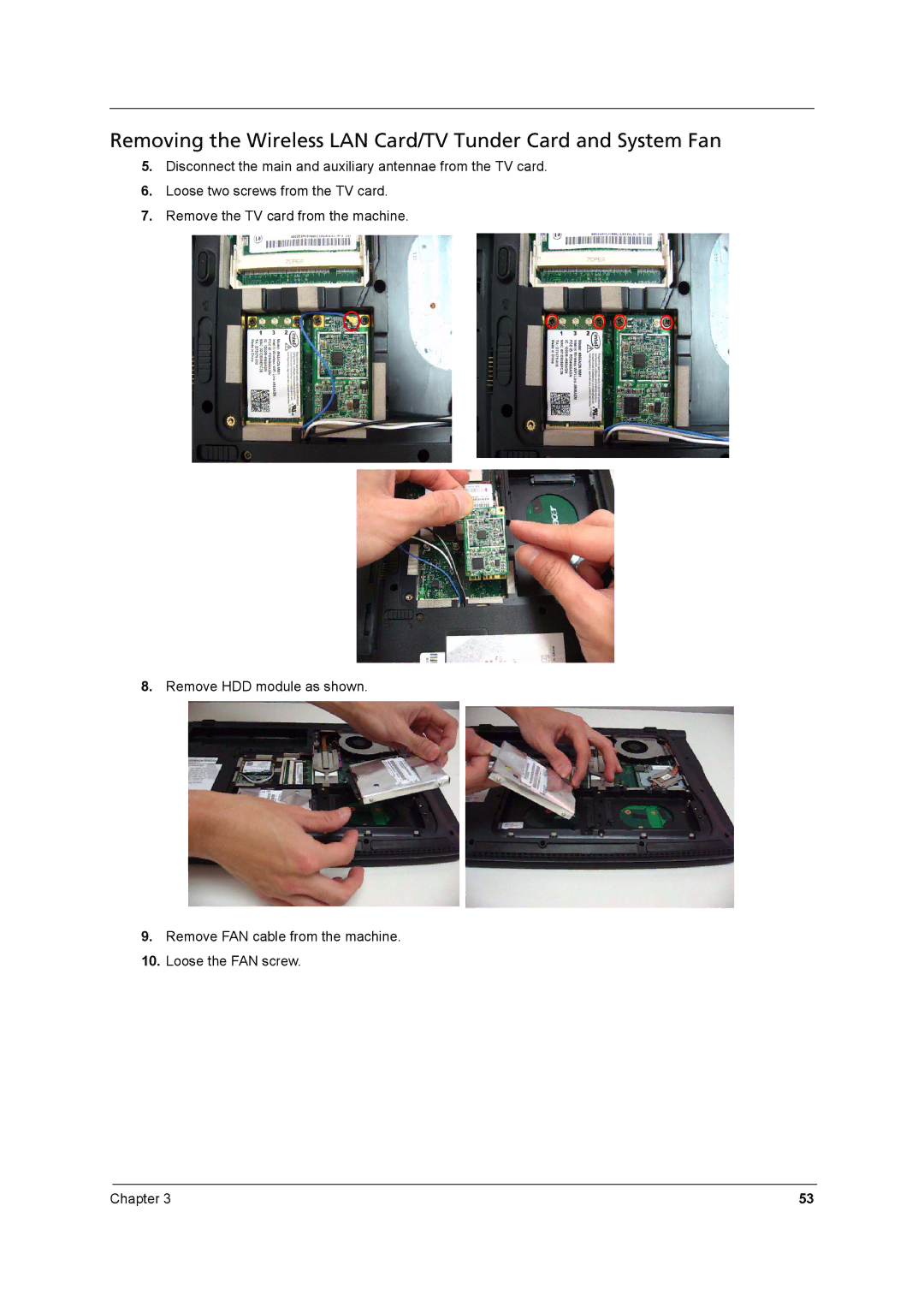 Aspire Digital 8930 manual Removing the Wireless LAN Card/TV Tunder Card and System Fan 