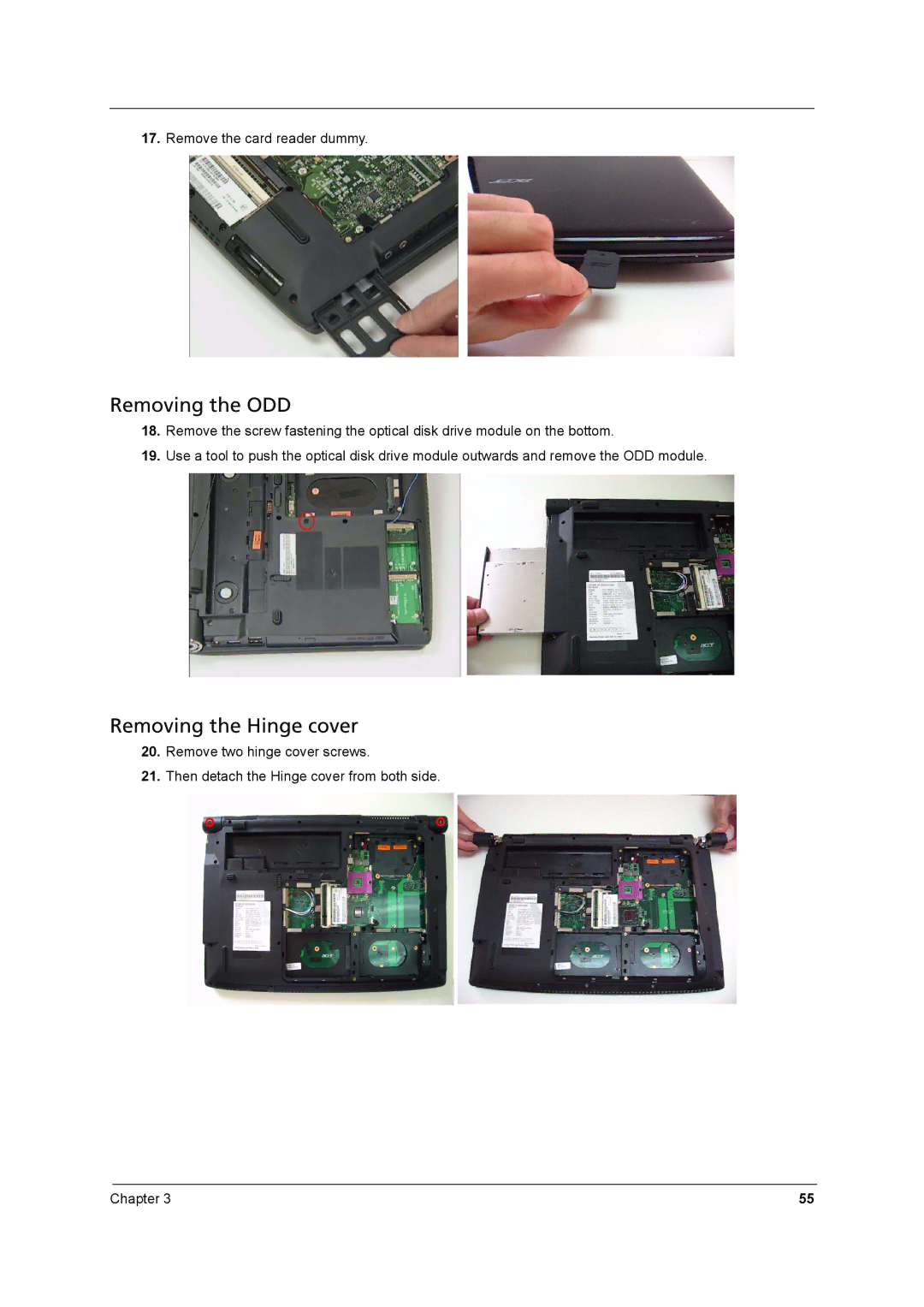 Aspire Digital 8930 manual Removing the ODD, Removing the Hinge cover 