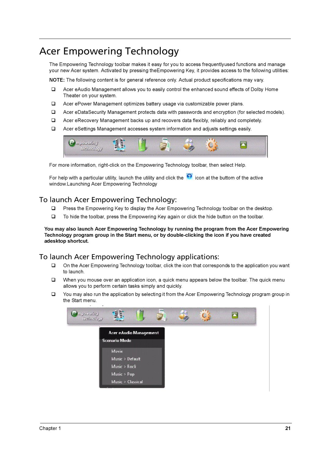 Aspire Digital 8930Q manual To launch Acer Empowering Technology applications 