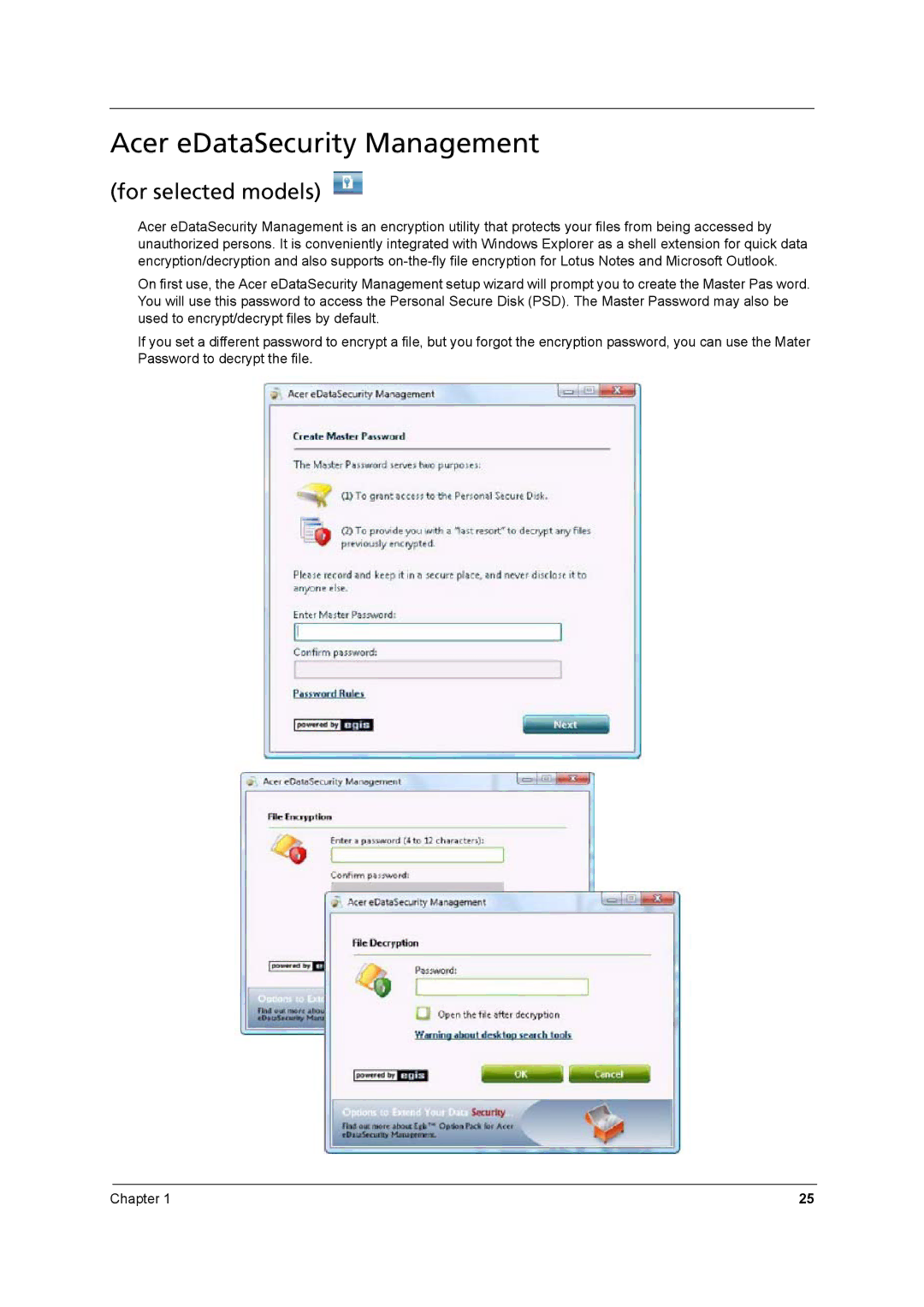 Aspire Digital 8930Q manual Acer eDataSecurity Management, For selected models 