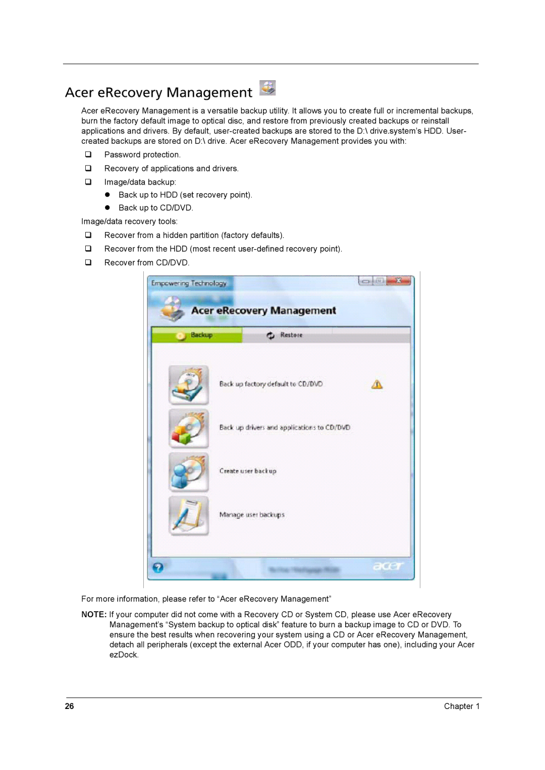 Aspire Digital 8930Q manual Acer eRecovery Management 