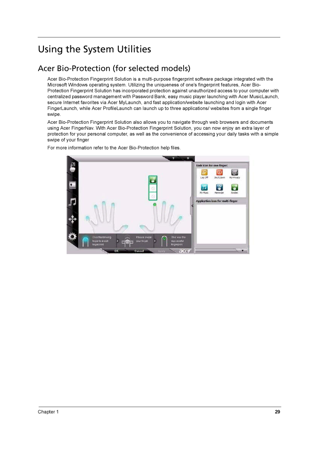 Aspire Digital 8930Q manual Using the System Utilities, Acer Bio-Protection for selected models 