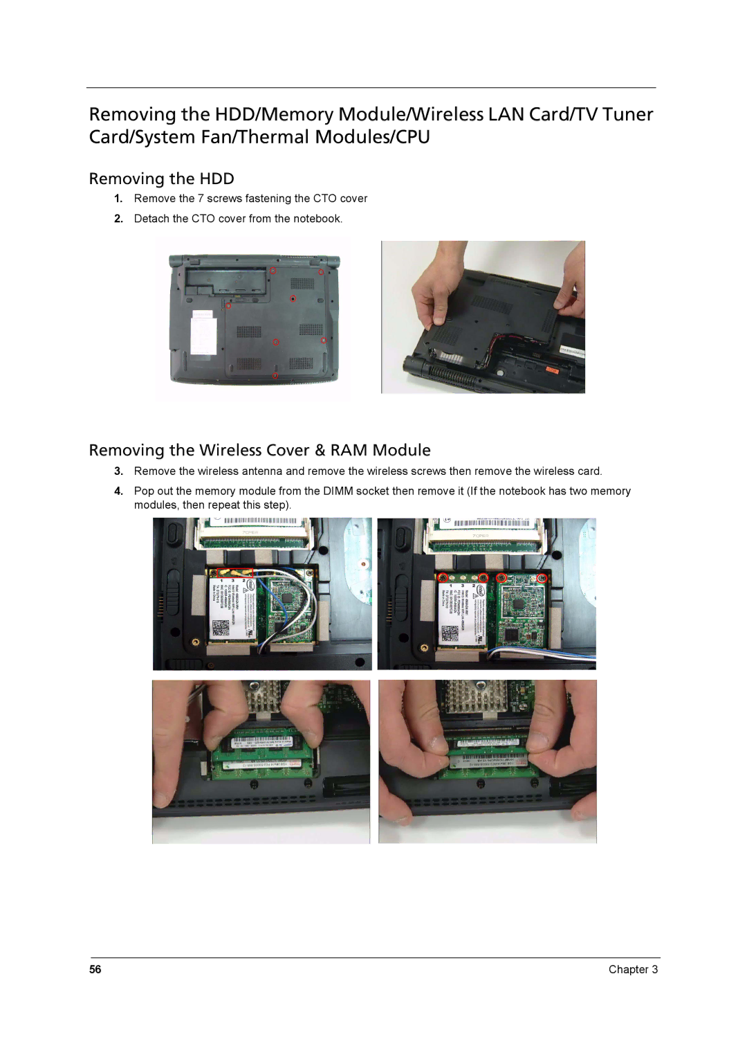 Aspire Digital 8930Q manual Removing the HDD, Removing the Wireless Cover & RAM Module 