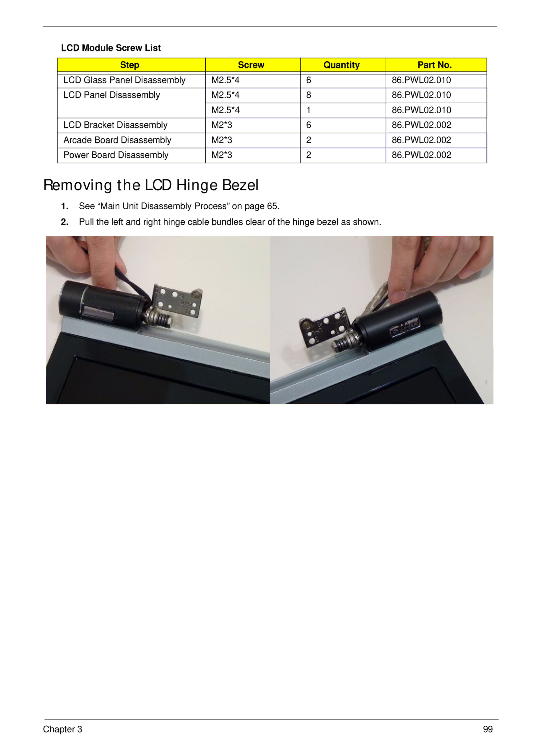 Aspire Digital 8943G manual Removing the LCD Hinge Bezel, LCD Module Screw List Step Quantity 