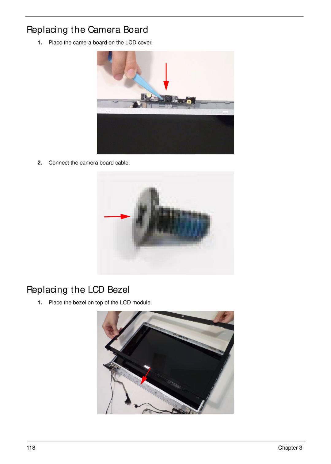 Aspire Digital 8943G manual Replacing the Camera Board, Replacing the LCD Bezel 