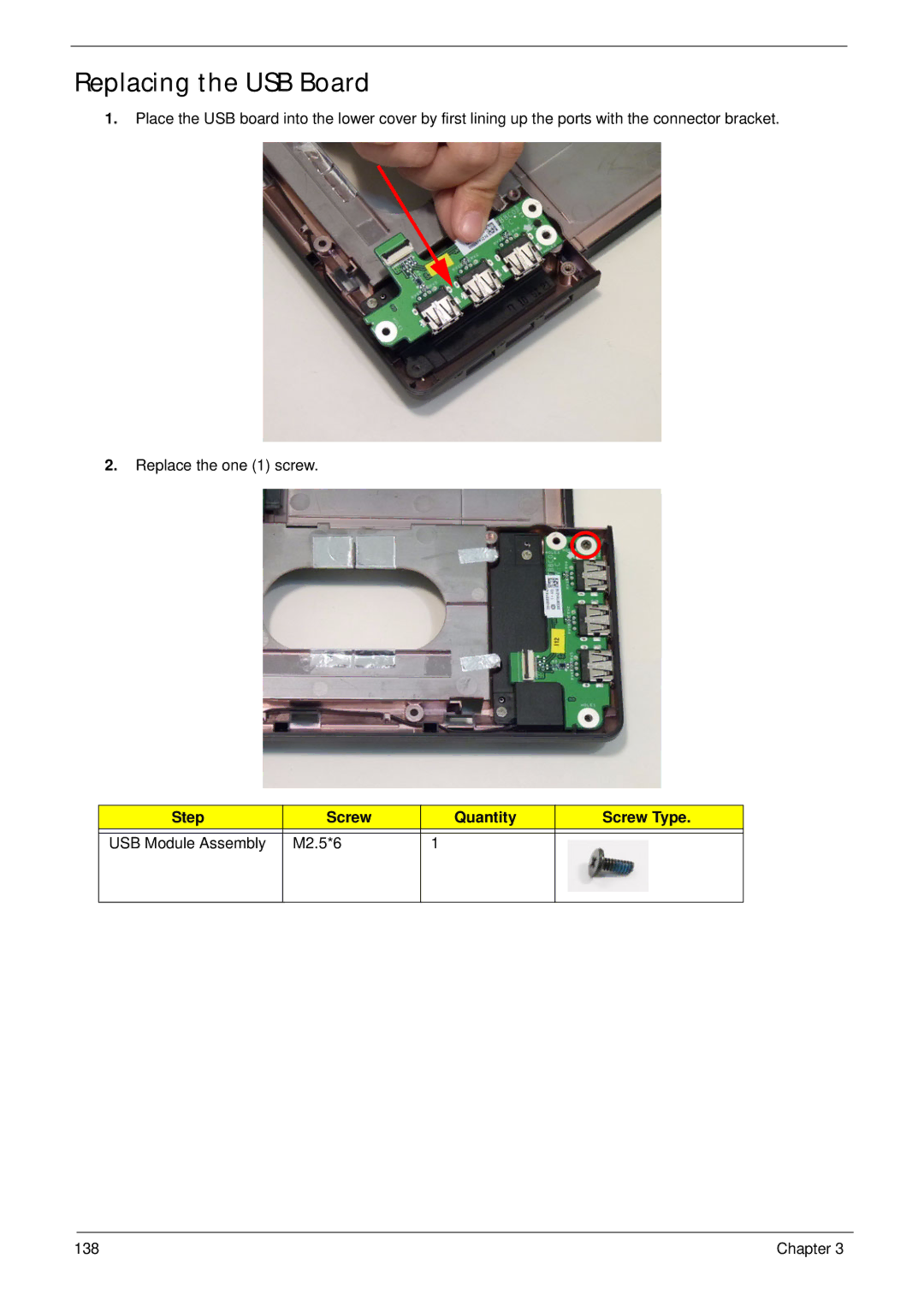 Aspire Digital 8943G manual Replacing the USB Board, Step Screw Quantity Screw Type 