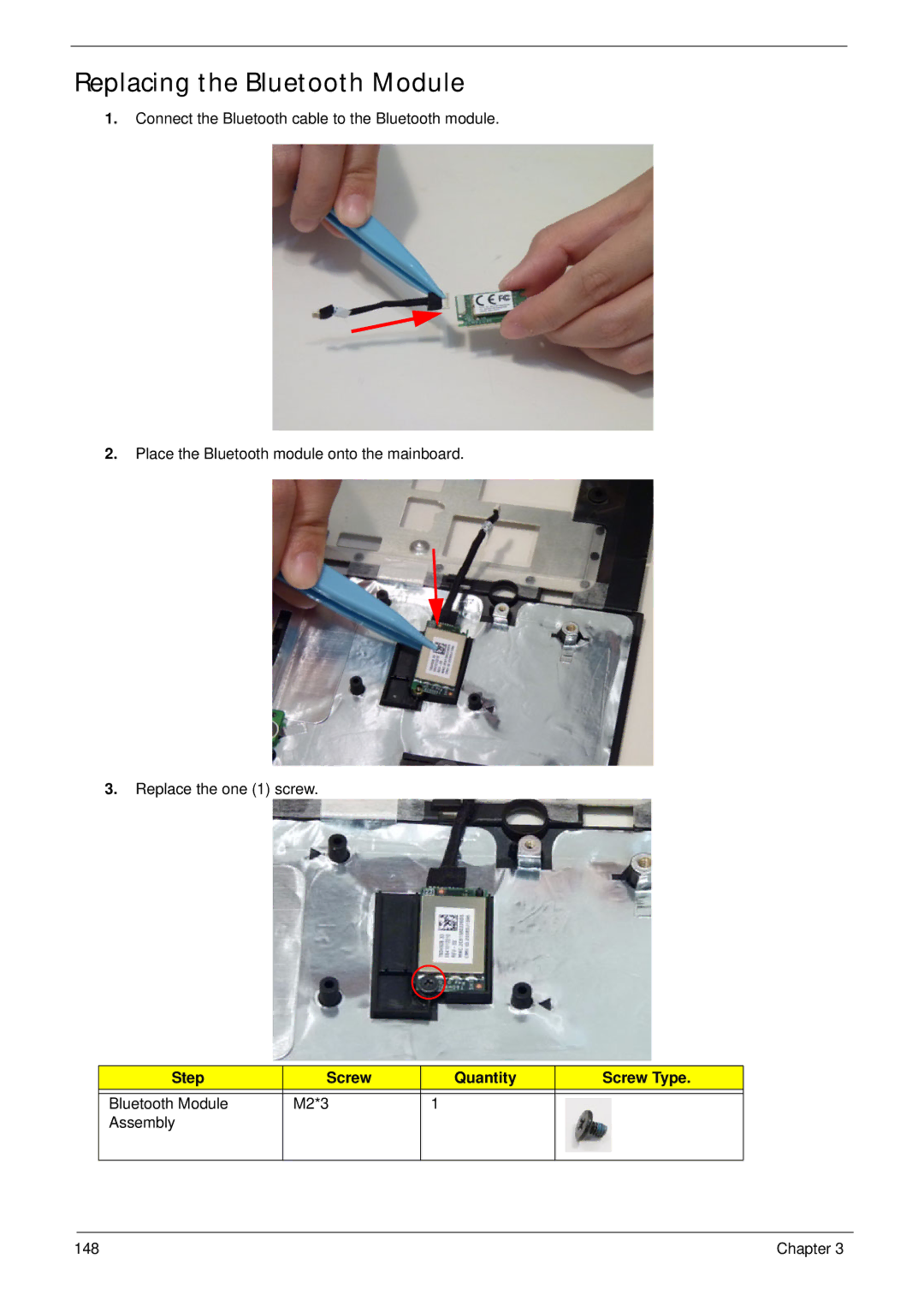 Aspire Digital 8943G manual Replacing the Bluetooth Module, Step Screw Quantity Screw Type 