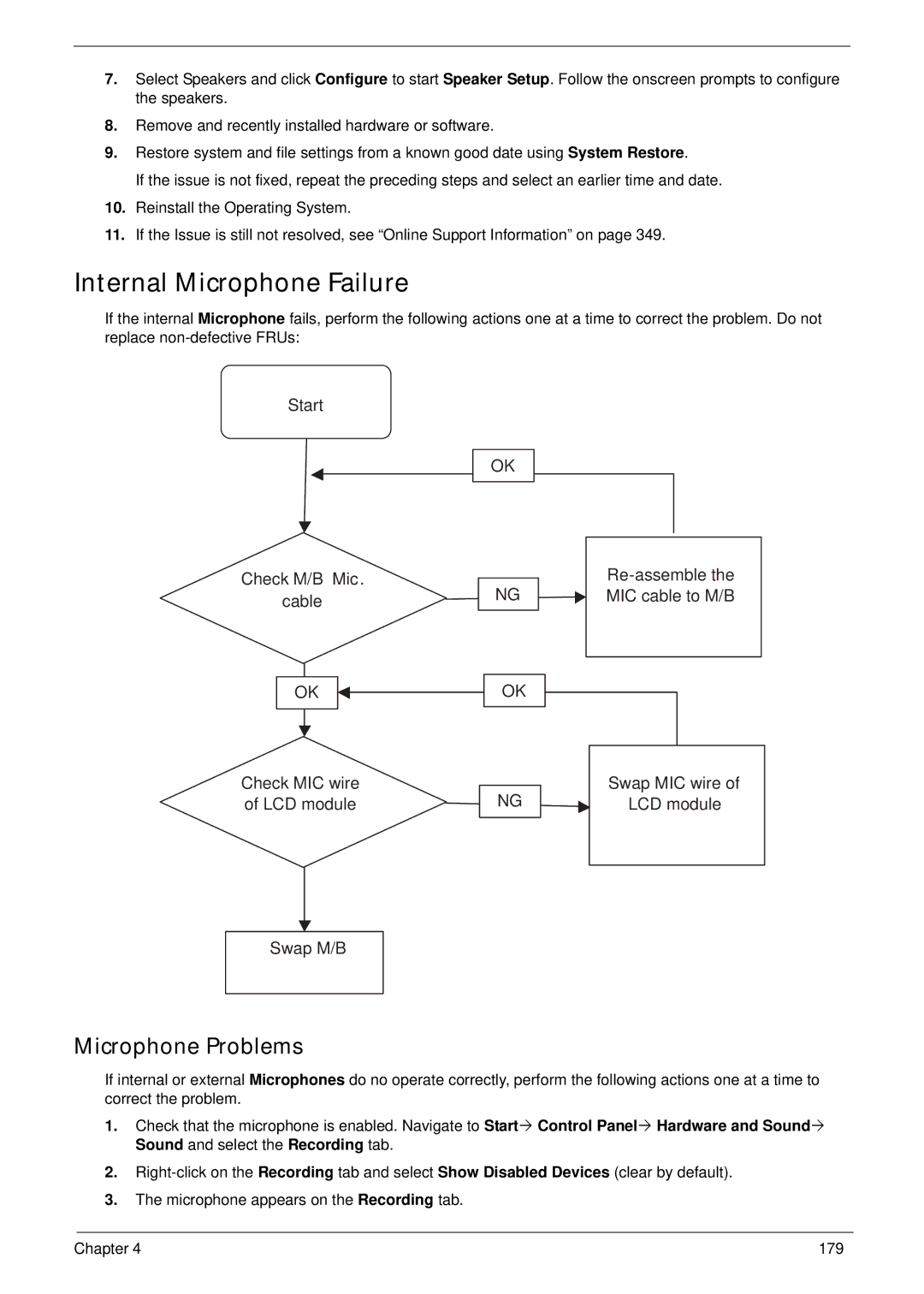 Aspire Digital 8943G manual Internal Microphone Failure, Microphone Problems 